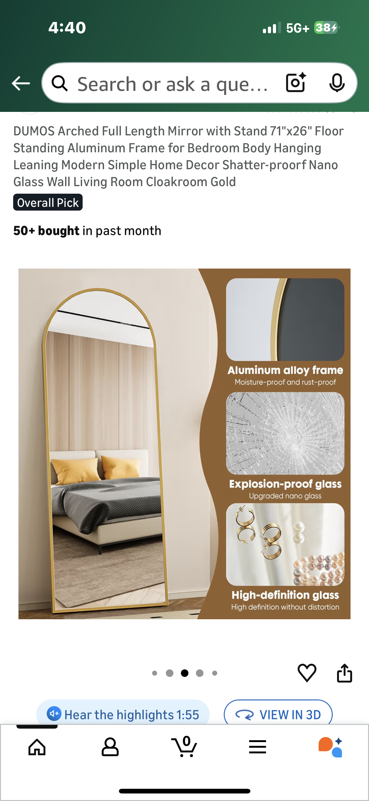 Arched Full Length Mirror with Stand, 71"x26" Aluminum Frame, Free Standing, Hanging, Leaning, Modern and Simple Home Decor, Shatter-proof Nano
Glass, Gold (M450)