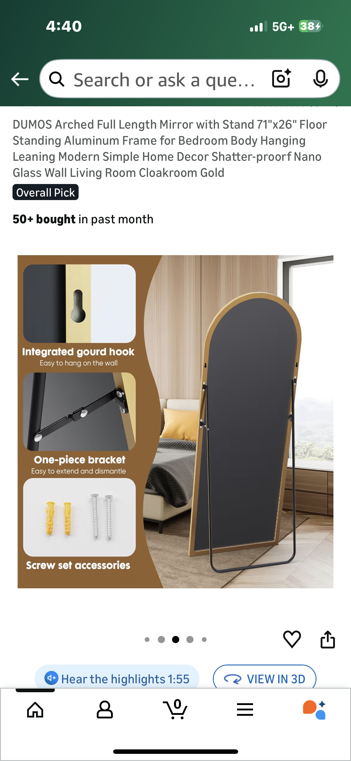 Arched Full Length Mirror with Stand, 71"x26" Aluminum Frame, Free Standing, Hanging, Leaning, Modern and Simple Home Decor, Shatter-proof Nano
Glass, Gold (M450)