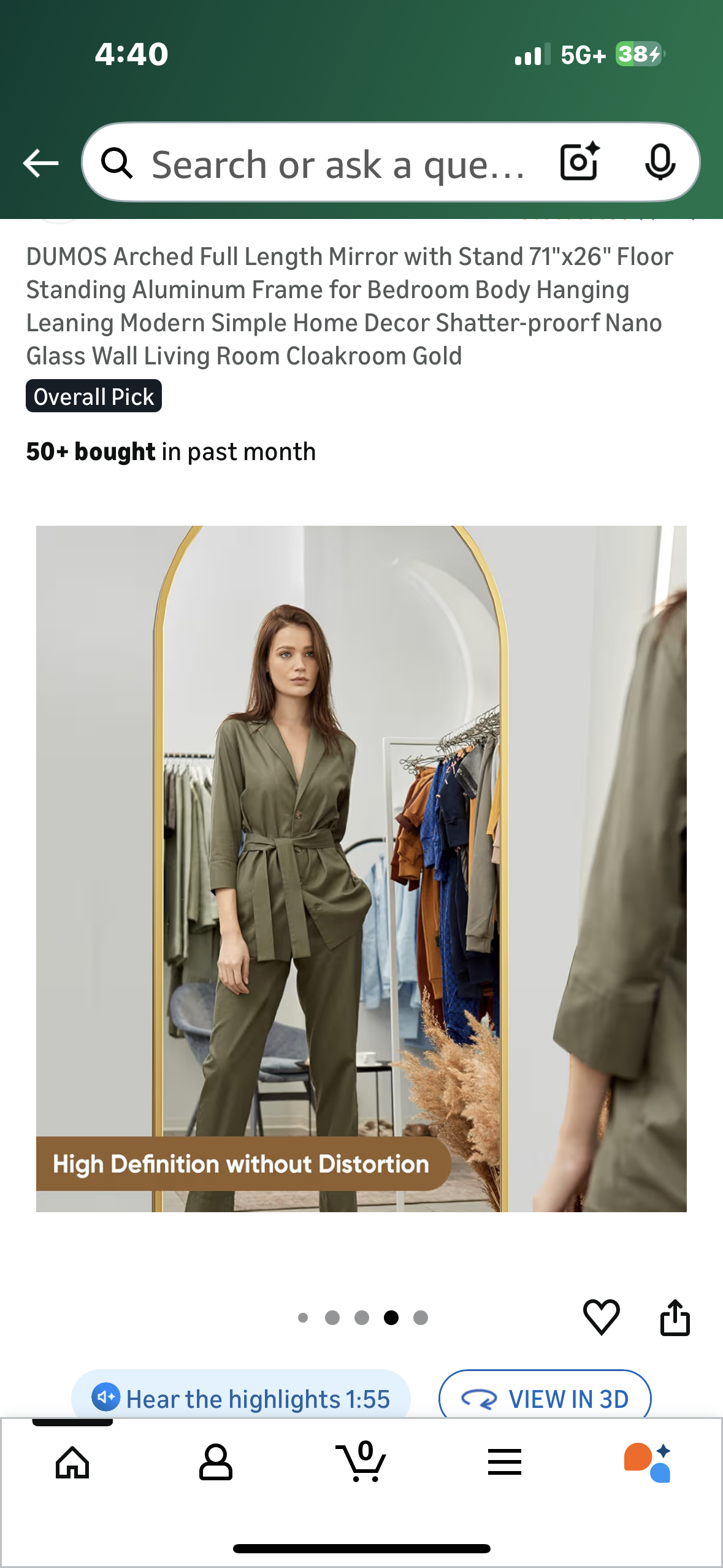 Arched Full Length Mirror with Stand, 71"x26" Aluminum Frame, Free Standing, Hanging, Leaning, Modern and Simple Home Decor, Shatter-proof Nano
Glass, Gold (M450)