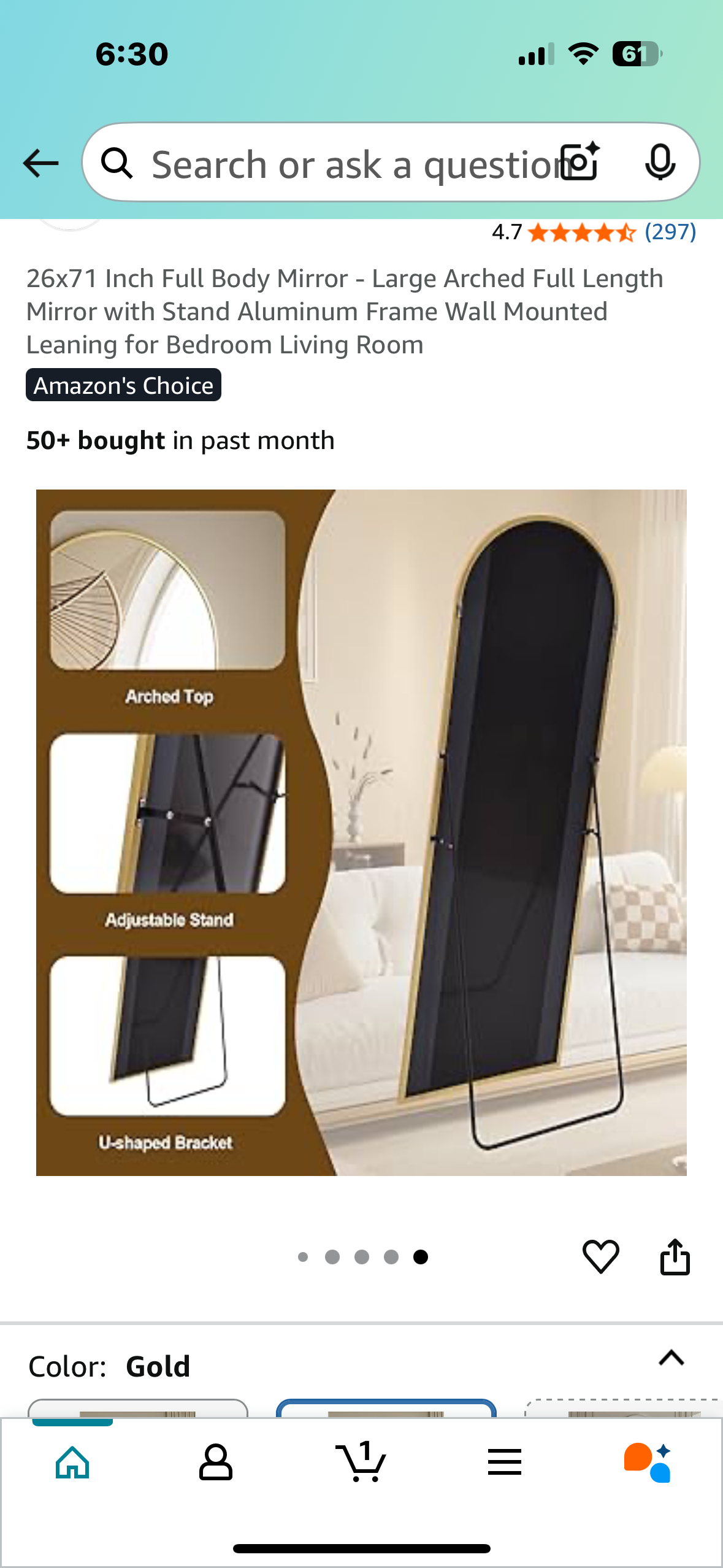 26”x 71” Full Length Mirror - Large Gold Arched Full Length Mirror with Stand, Aluminum Frame, for Bedroom, Living Room, Entryway (M384)