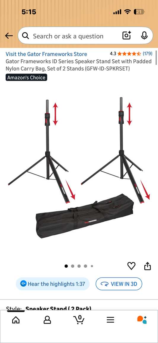 Gator Frameworks ID Series Speaker Stand Set with Padded Nylon Carry Bag, Set of 2 Stands (GFW-ID-SPKRSET) (R792)