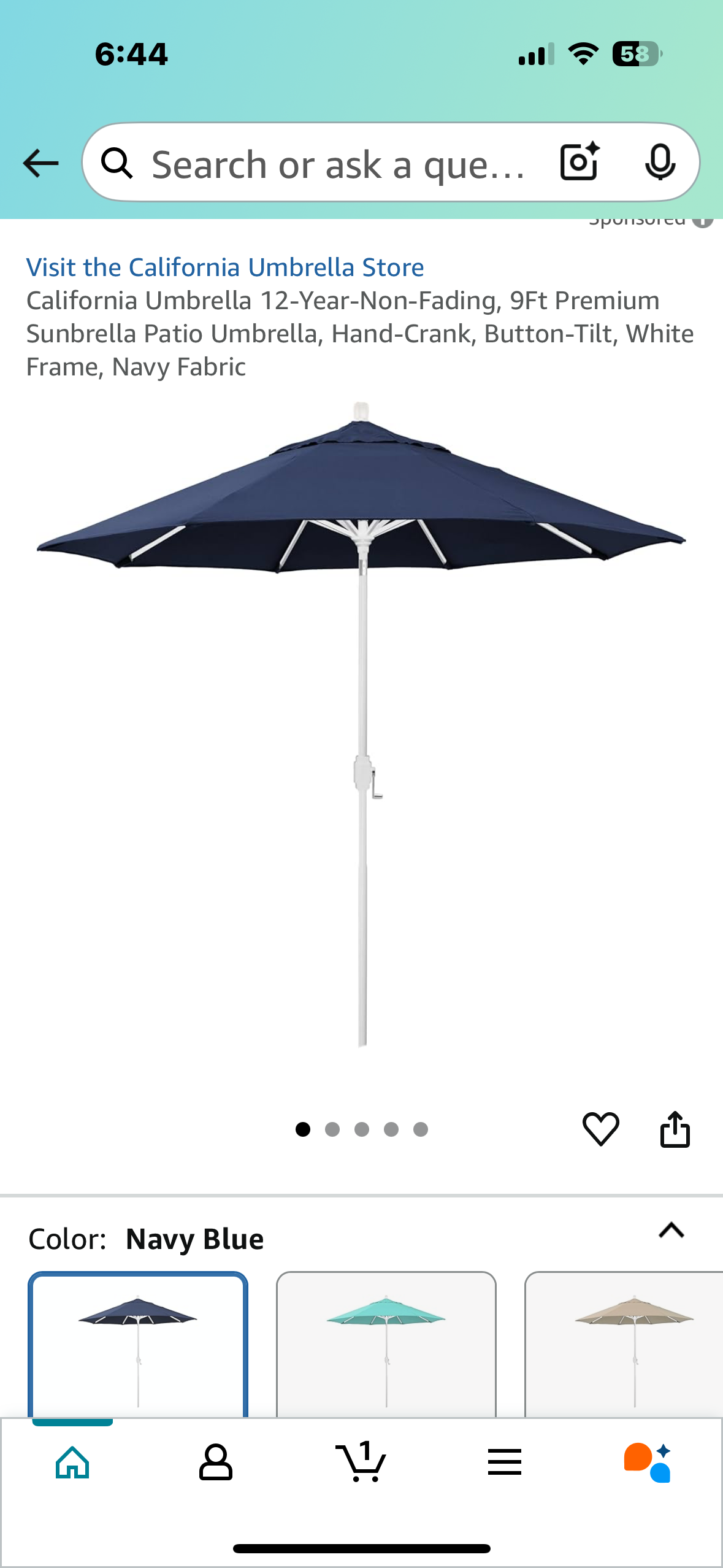California Umbrella 12-Year-Non-Fading, 9Ft Premium Sunbrella Patio Umbrella, Hand-Crank, Button-Tilt, White Frame, Navy Fabric (G843)