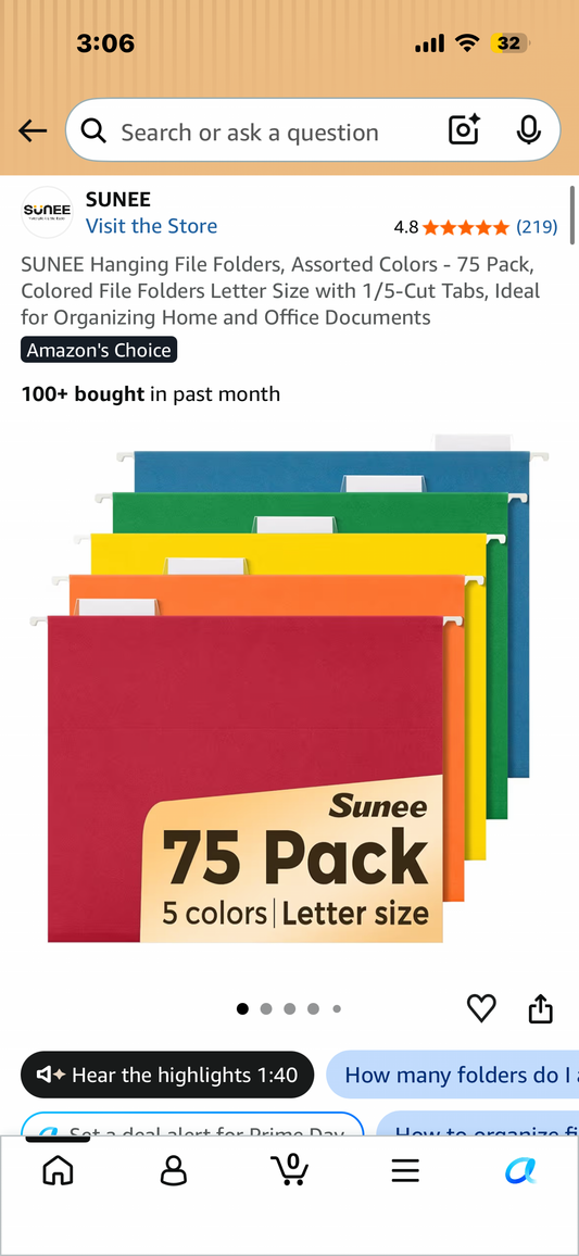SUNEE Hanging File Folders, Assorted Colors - 75 Pack, Colored File Folders Letter Size with 1/5-Cut Tabs, Ideal for Organizing Home and Office Documents