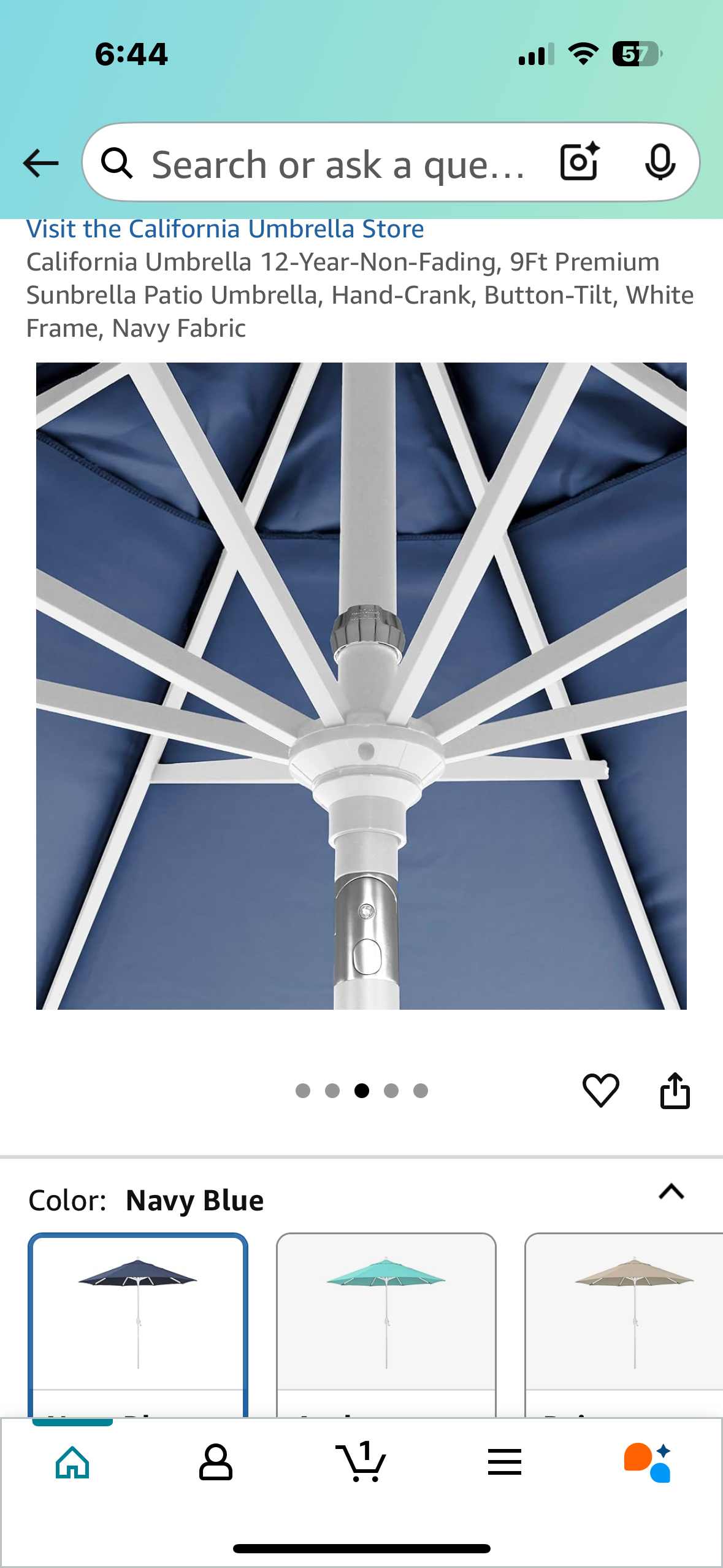 California Umbrella 12-Year-Non-Fading, 9Ft Premium Sunbrella Patio Umbrella, Hand-Crank, Button-Tilt, White Frame, Navy Fabric (G843)