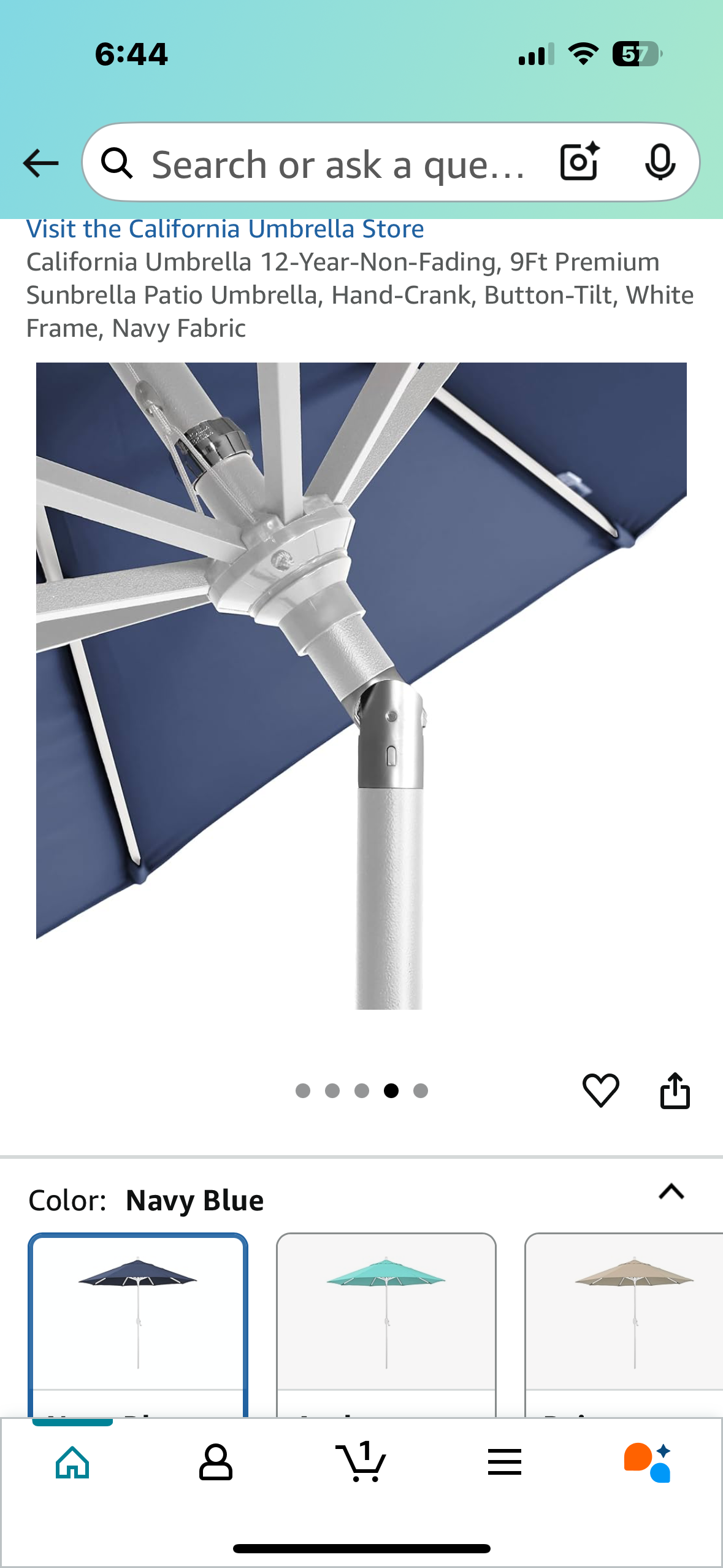 California Umbrella 12-Year-Non-Fading, 9Ft Premium Sunbrella Patio Umbrella, Hand-Crank, Button-Tilt, White Frame, Navy Fabric (G843)