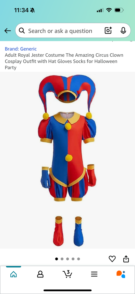 Adult Royal Jester Costume, Circus Clown Costume with Hat, Gloves, Socks (Size Small)