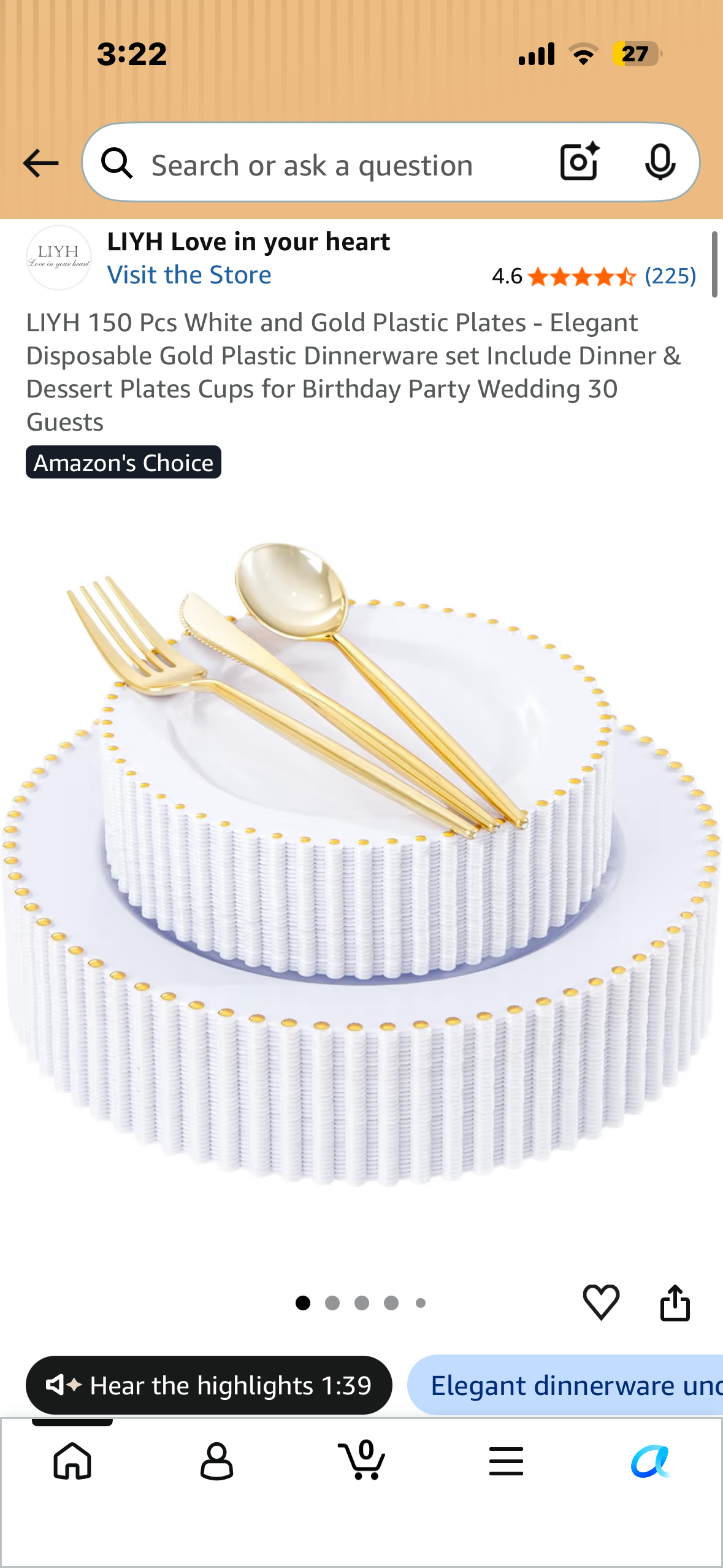 LIYH 150 Pcs White and Gold Plastic Plates - Elegant Disposable Gold Plastic Dinnerware set Include Dinner & Dessert Plates Cups for Birthday Party Wedding 30 Guests