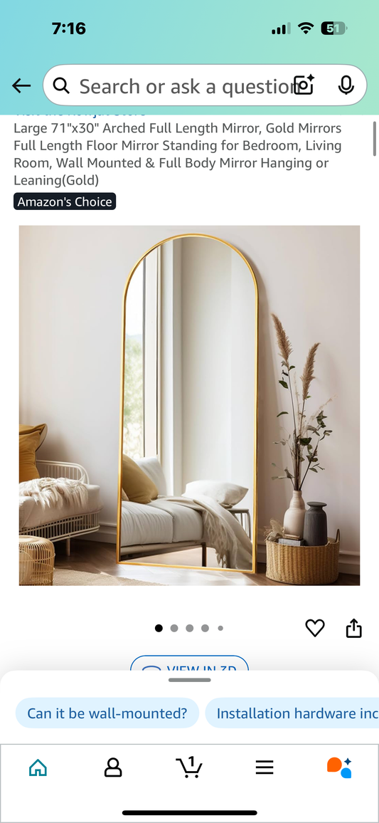 Large 71"x30" Arched Full Length Mirror, Gold  Full Length Floor Mirror for Bedroom, Living Room, self Standing, Wall Mounted,Hanging or Leaning (Gold) (M385)