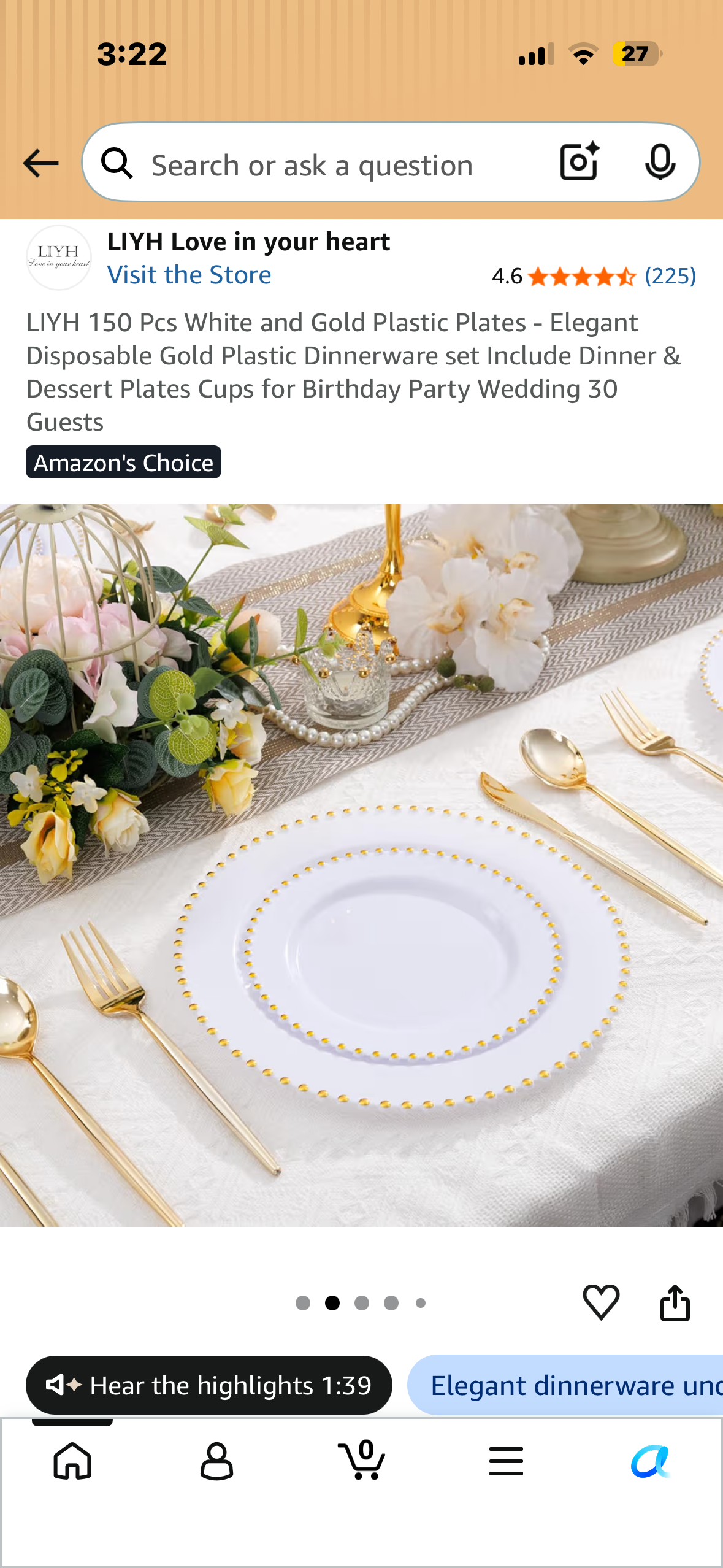 LIYH 150 Pcs White and Gold Plastic Plates - Elegant Disposable Gold Plastic Dinnerware set Include Dinner & Dessert Plates Cups for Birthday Party Wedding 30 Guests