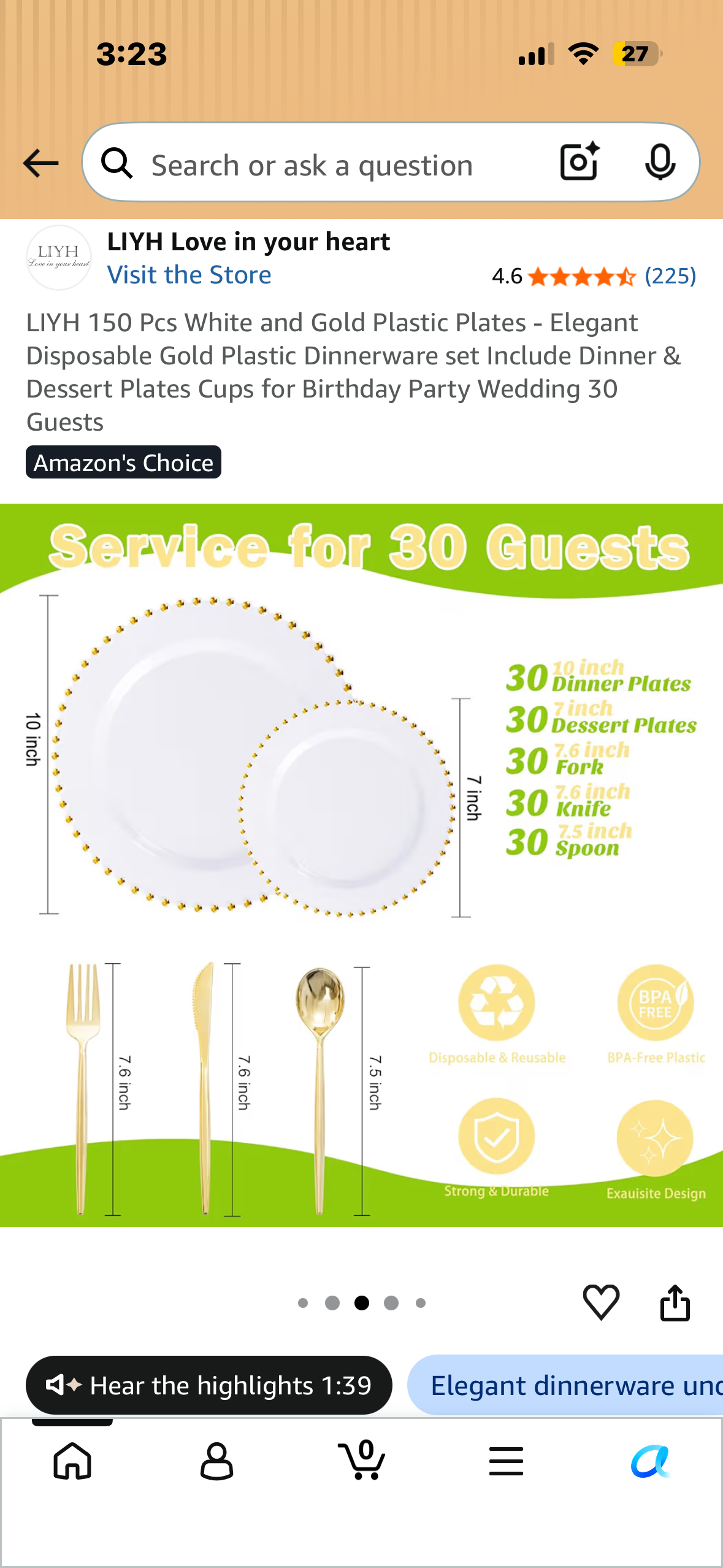 LIYH 150 Pcs White and Gold Plastic Plates - Elegant Disposable Gold Plastic Dinnerware set Include Dinner & Dessert Plates Cups for Birthday Party Wedding 30 Guests