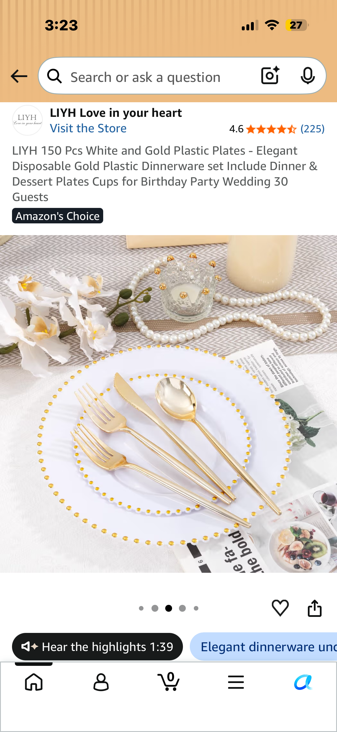 LIYH 150 Pcs White and Gold Plastic Plates - Elegant Disposable Gold Plastic Dinnerware set Include Dinner & Dessert Plates Cups for Birthday Party Wedding 30 Guests