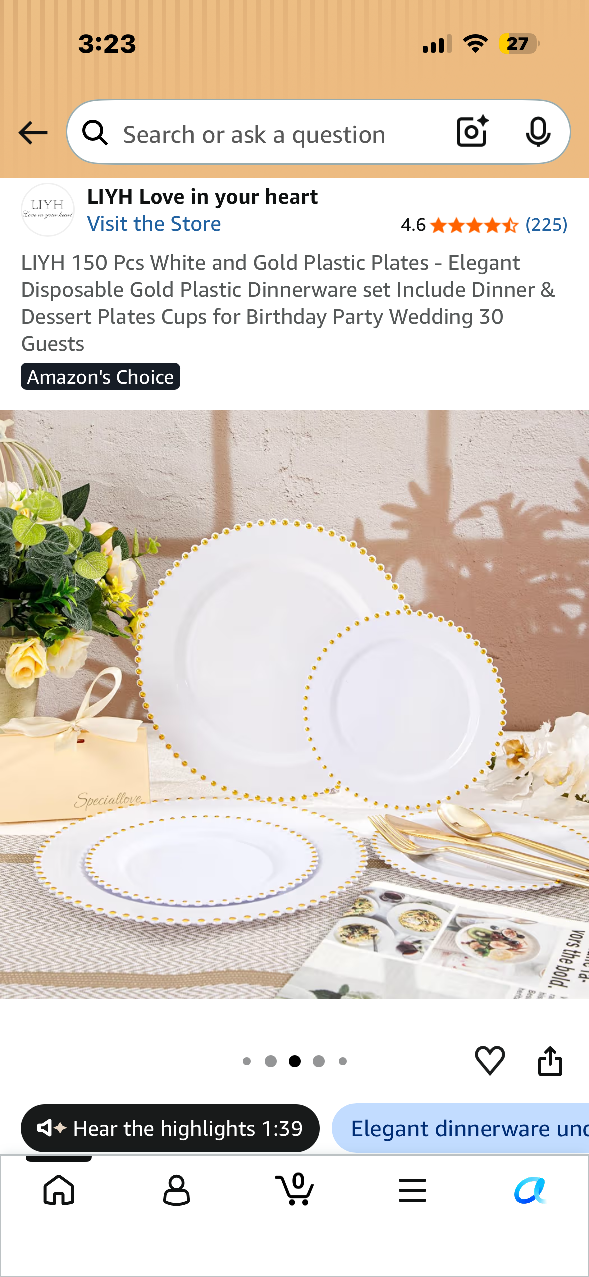 LIYH 150 Pcs White and Gold Plastic Plates - Elegant Disposable Gold Plastic Dinnerware set Include Dinner & Dessert Plates Cups for Birthday Party Wedding 30 Guests