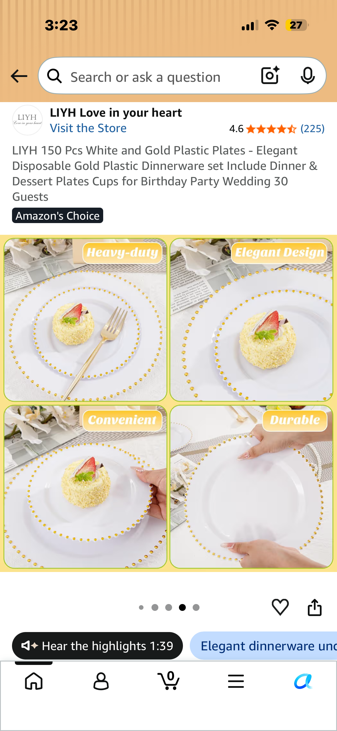 LIYH 150 Pcs White and Gold Plastic Plates - Elegant Disposable Gold Plastic Dinnerware set Include Dinner & Dessert Plates Cups for Birthday Party Wedding 30 Guests
