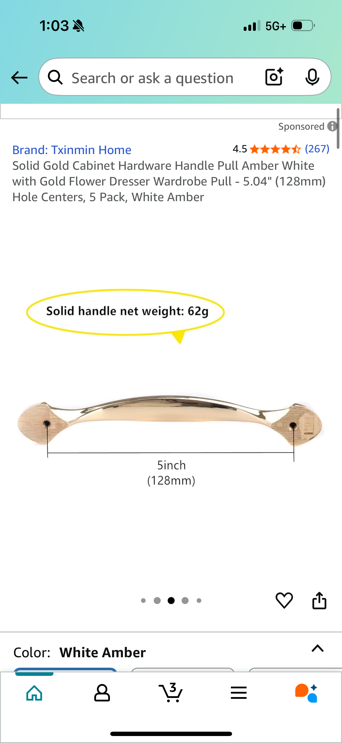 Solid Gold Cabinet Hardware Handle Pull Amber White with Gold Flower Dresser Wardrobe Pull - 5.04" (128mm) Hole Centers, 5 Pack, White Amber