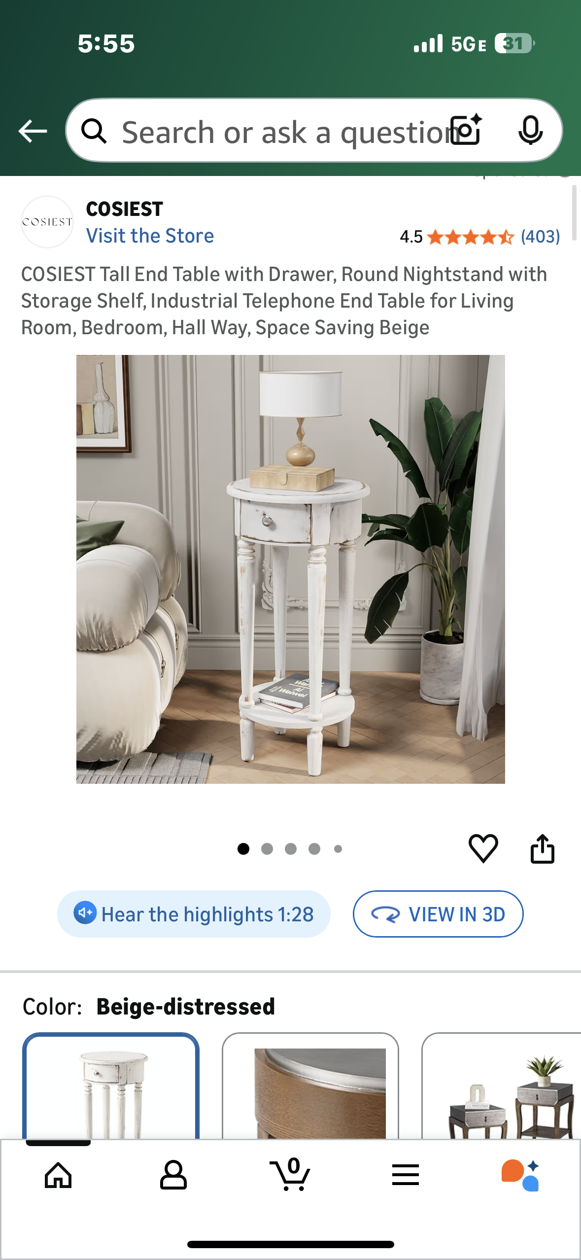 COSIEST End Table with Drawer, Round Nightstand with Storage Shelf, End Table for Living Room, Bedroom, Hall Way, Space Saving Beige (L1109)