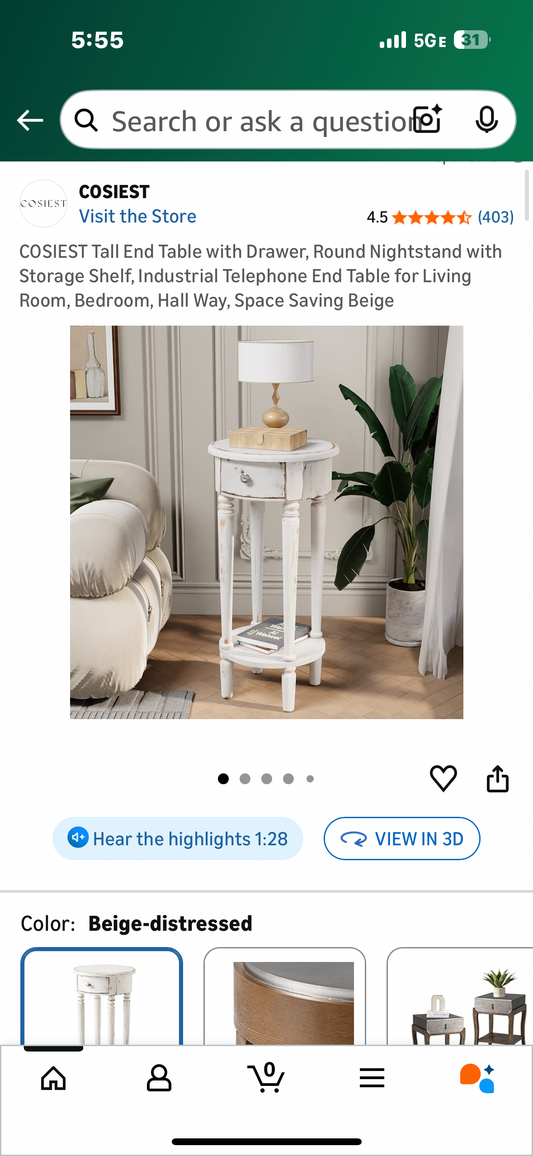 COSIEST End Table with Drawer, Round Nightstand with Storage Shelf, End Table for Living Room, Bedroom, Hall Way, Space Saving Beige (L1109)