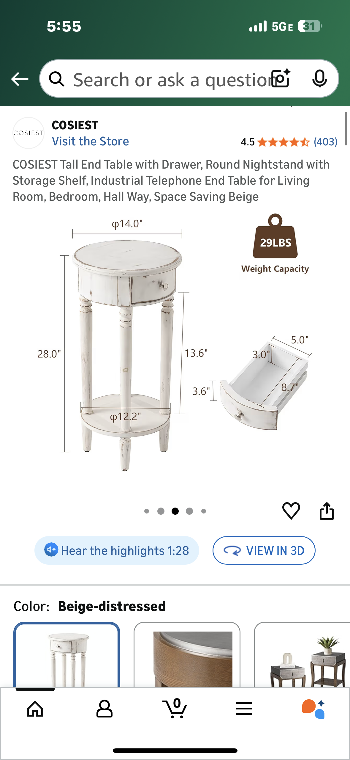 COSIEST End Table with Drawer, Round Nightstand with Storage Shelf, End Table for Living Room, Bedroom, Hall Way, Space Saving Beige (L1109)