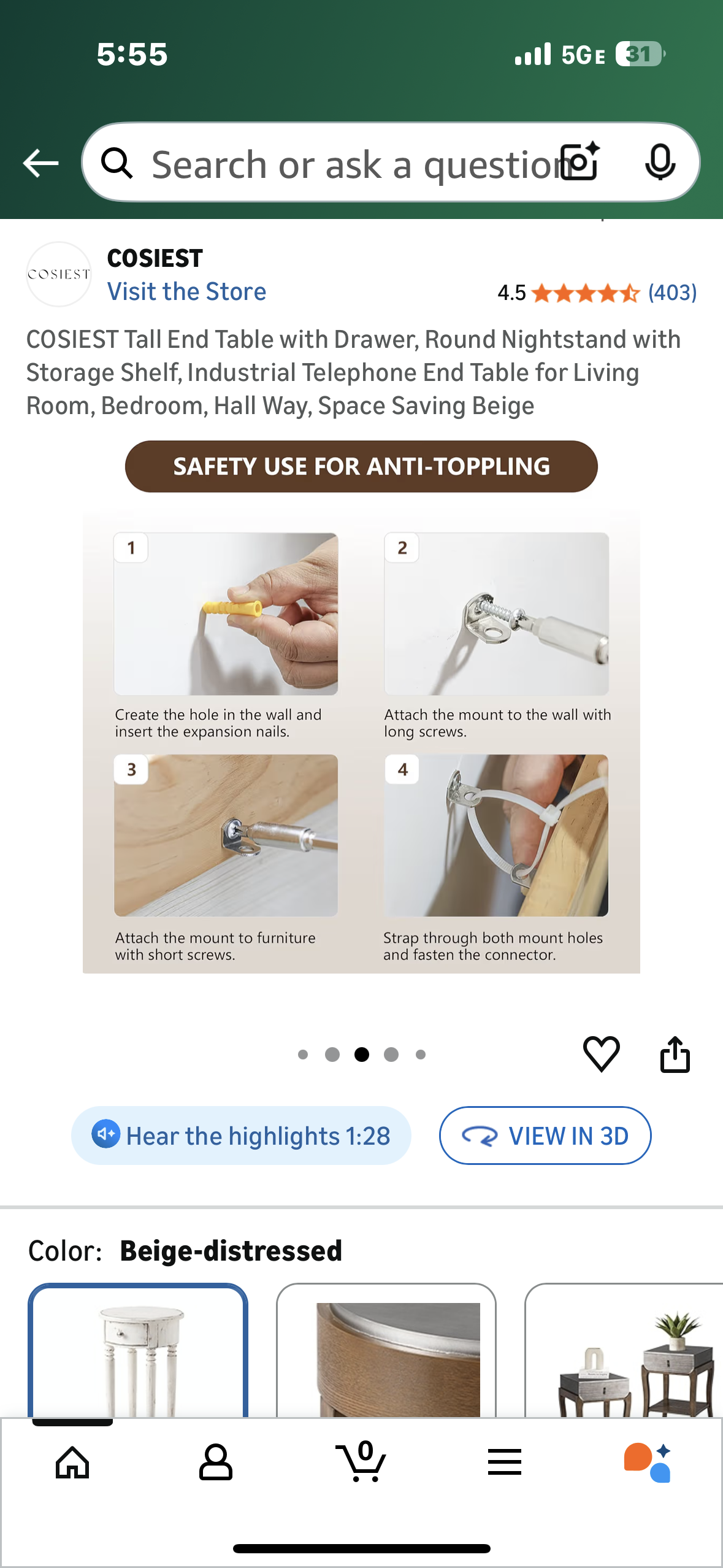 COSIEST End Table with Drawer, Round Nightstand with Storage Shelf, End Table for Living Room, Bedroom, Hall Way, Space Saving Beige (L1109)