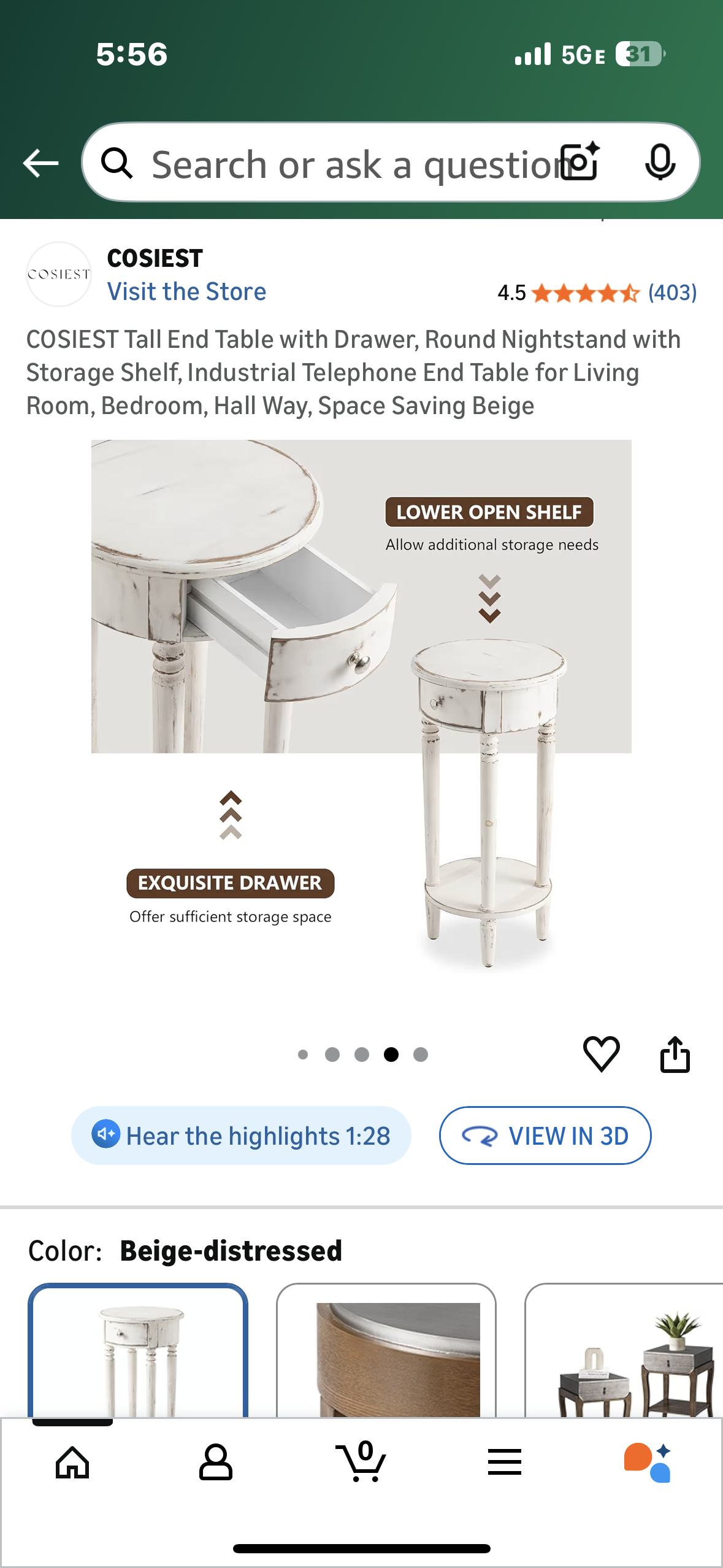 COSIEST End Table with Drawer, Round Nightstand with Storage Shelf, End Table for Living Room, Bedroom, Hall Way, Space Saving Beige (L1109)