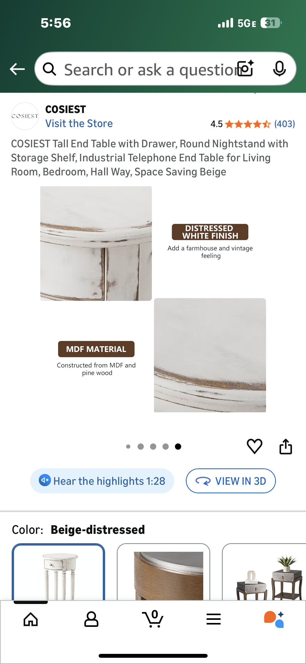 COSIEST End Table with Drawer, Round Nightstand with Storage Shelf, End Table for Living Room, Bedroom, Hall Way, Space Saving Beige (L1109)