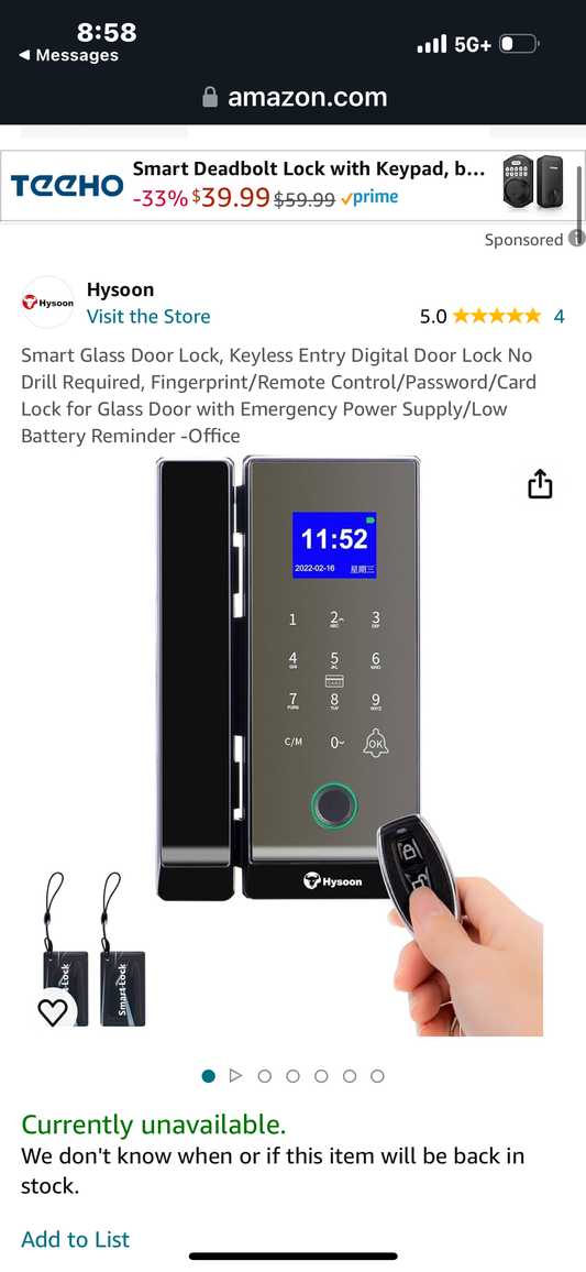Smart Glass Door Lock, Keyless Entry Digital Door Lock No Drill Required, Fingerprint/Remote Control/Password/Card Lock for Glass Door with Emergency Power Supply/Low Battery Reminder -Office