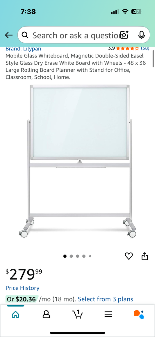 48”x 36” Large Rolling Mobile Glass Whiteboard, Magnetic Double-Sided Easel Style Glass Dry Erase White Board with Wheels, for Office, Classroom, School, Home (O440)