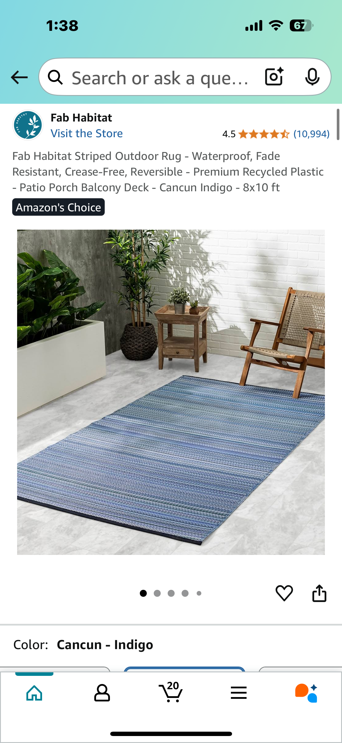 New - Fab Habitat Striped Outdoor Rug 8’x10’ Waterproof, Fade Resistant, Crease-Free, Reversible - Premium Recycled Plastic-Cancun Indigo (L880)