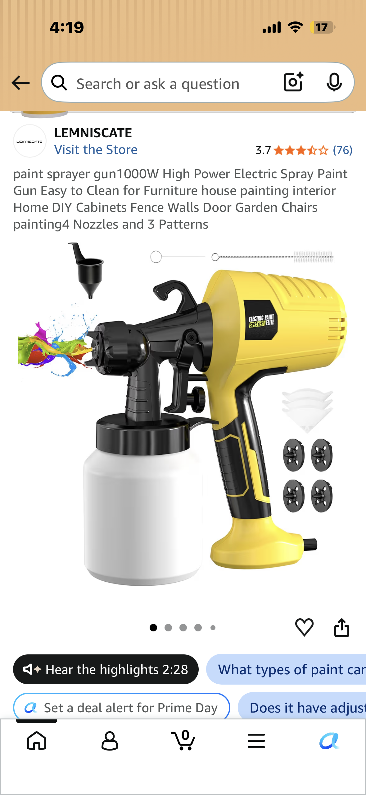 Paint Sprayer, 1000W High Power Electric Spray Gun, Easy to Clean for Furniture, house painting, Home DIY, Cabinets, Fence, Garden Chairs, 4 Nozzles and 3 Patterns