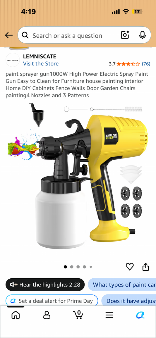 Paint Sprayer, 1000W High Power Electric Spray Gun, Easy to Clean for Furniture, house painting, Home DIY, Cabinets, Fence, Garden Chairs, 4 Nozzles and 3 Patterns