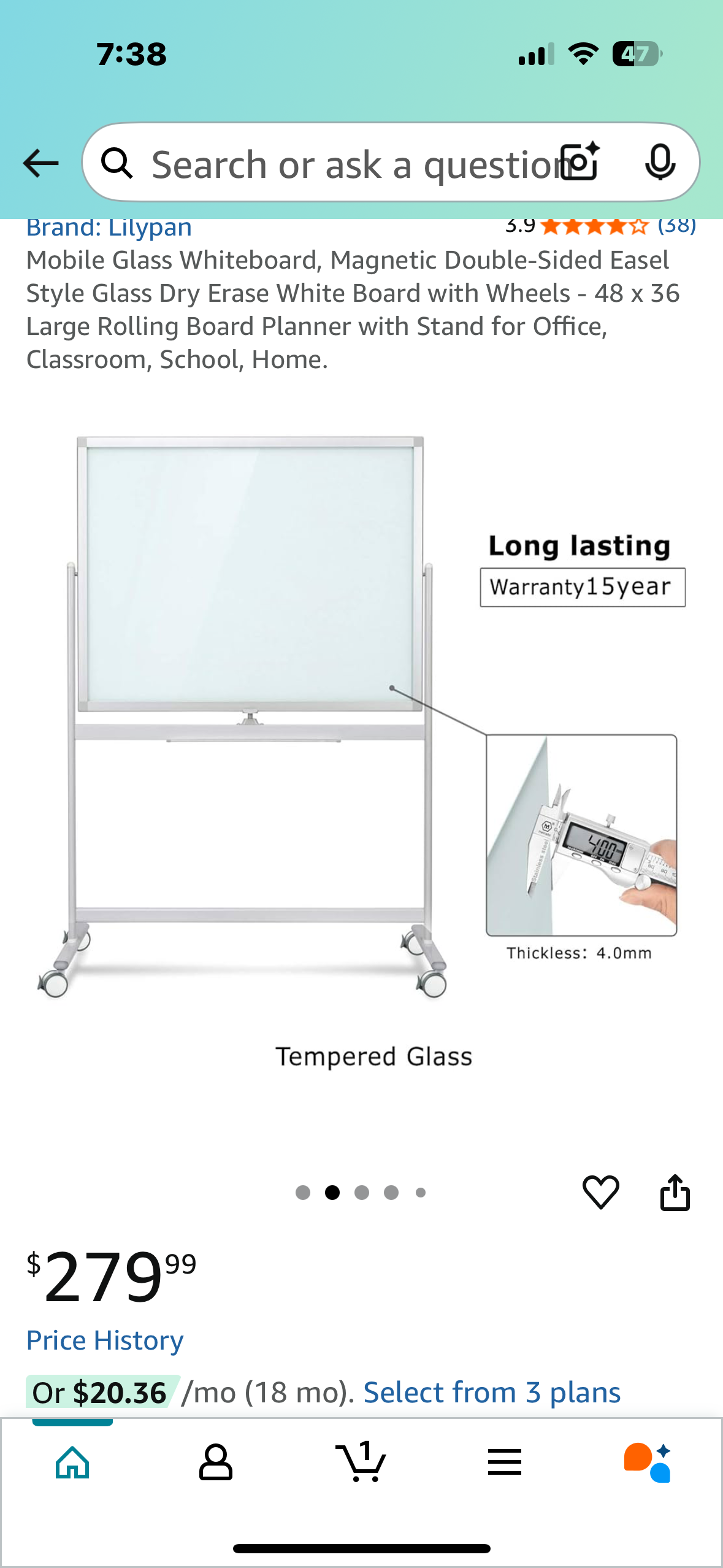 48”x 36” Large Rolling Mobile Glass Whiteboard, Magnetic Double-Sided Easel Style Glass Dry Erase White Board with Wheels, for Office, Classroom, School, Home (O440)