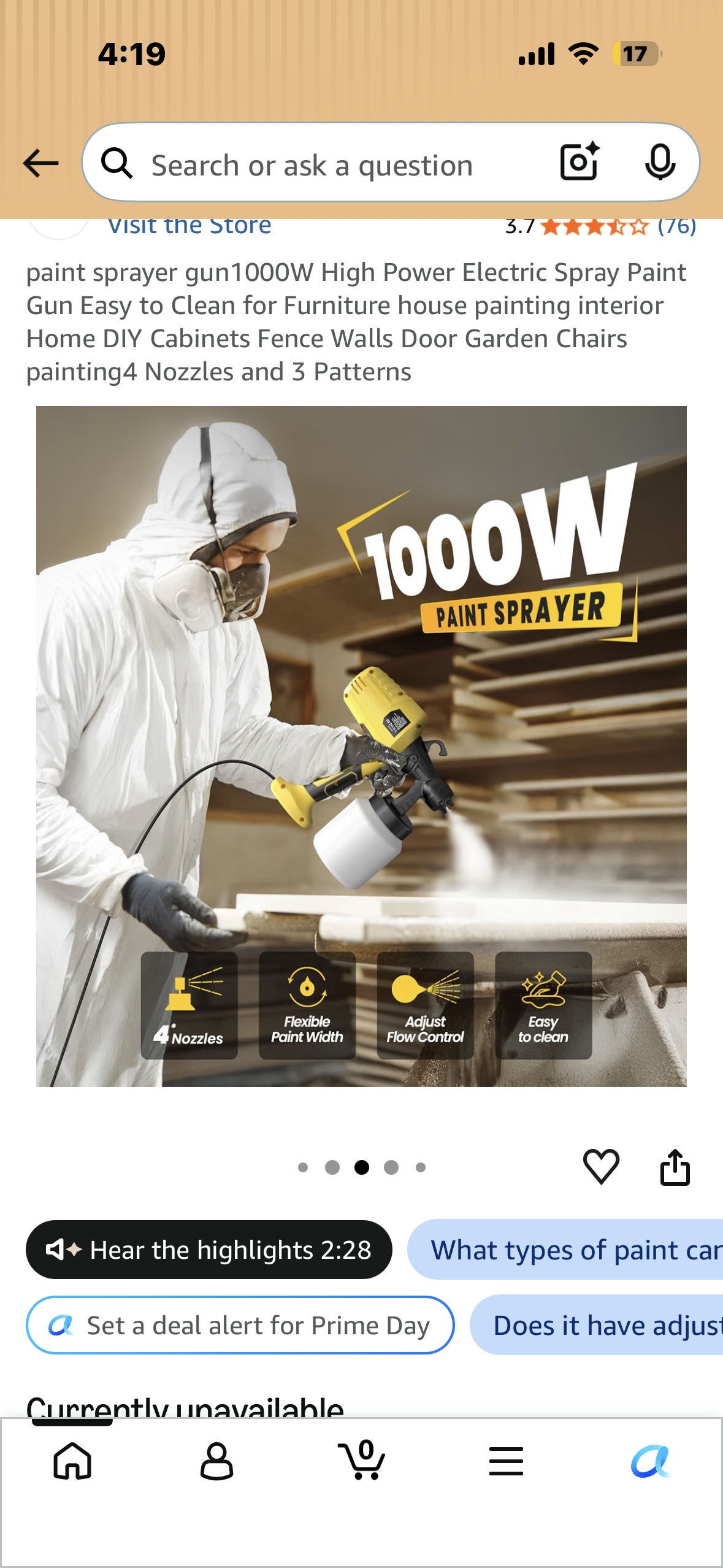 Paint Sprayer, 1000W High Power Electric Spray Gun, Easy to Clean for Furniture, house painting, Home DIY, Cabinets, Fence, Garden Chairs, 4 Nozzles and 3 Patterns