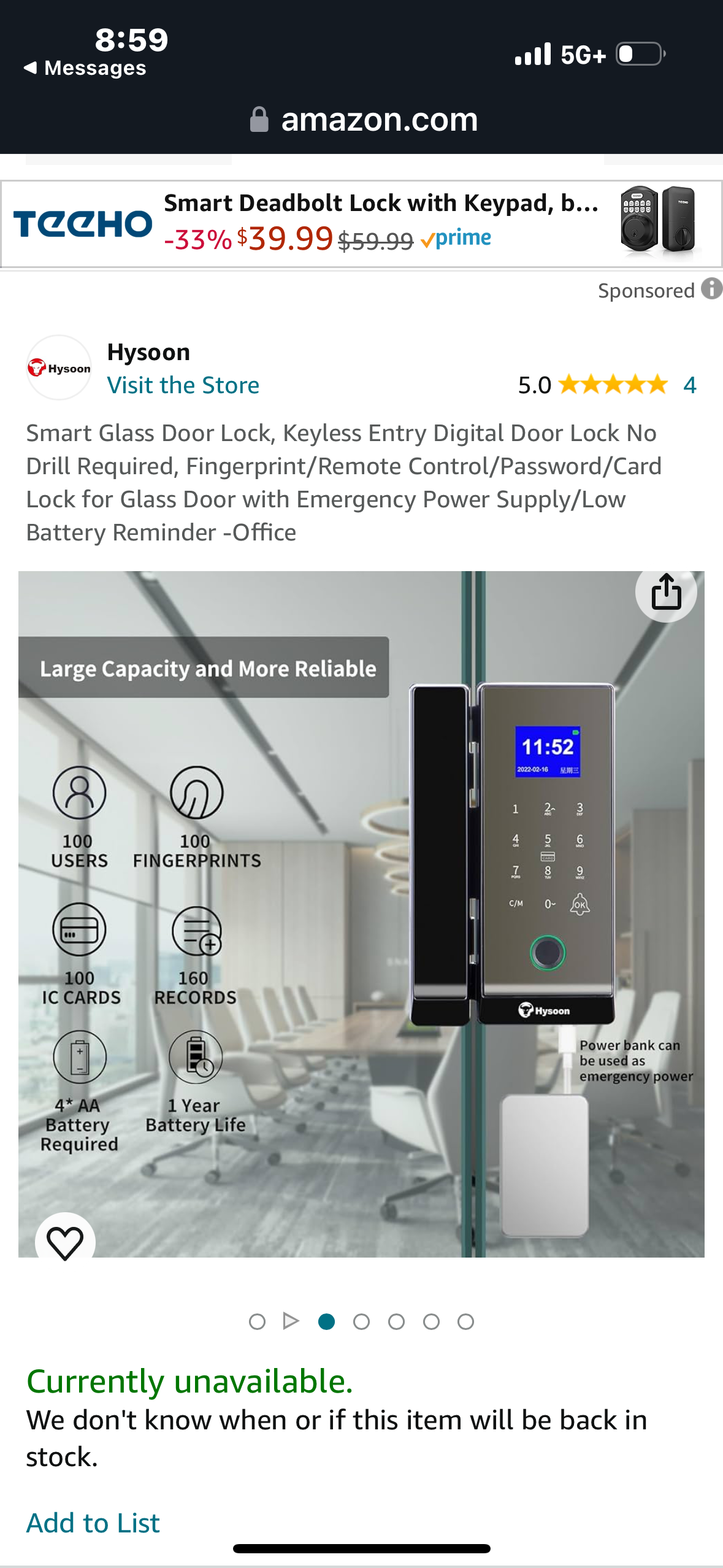 Smart Glass Door Lock, Keyless Entry Digital Door Lock No Drill Required, Fingerprint/Remote Control/Password/Card Lock for Glass Door with Emergency Power Supply/Low Battery Reminder -Office