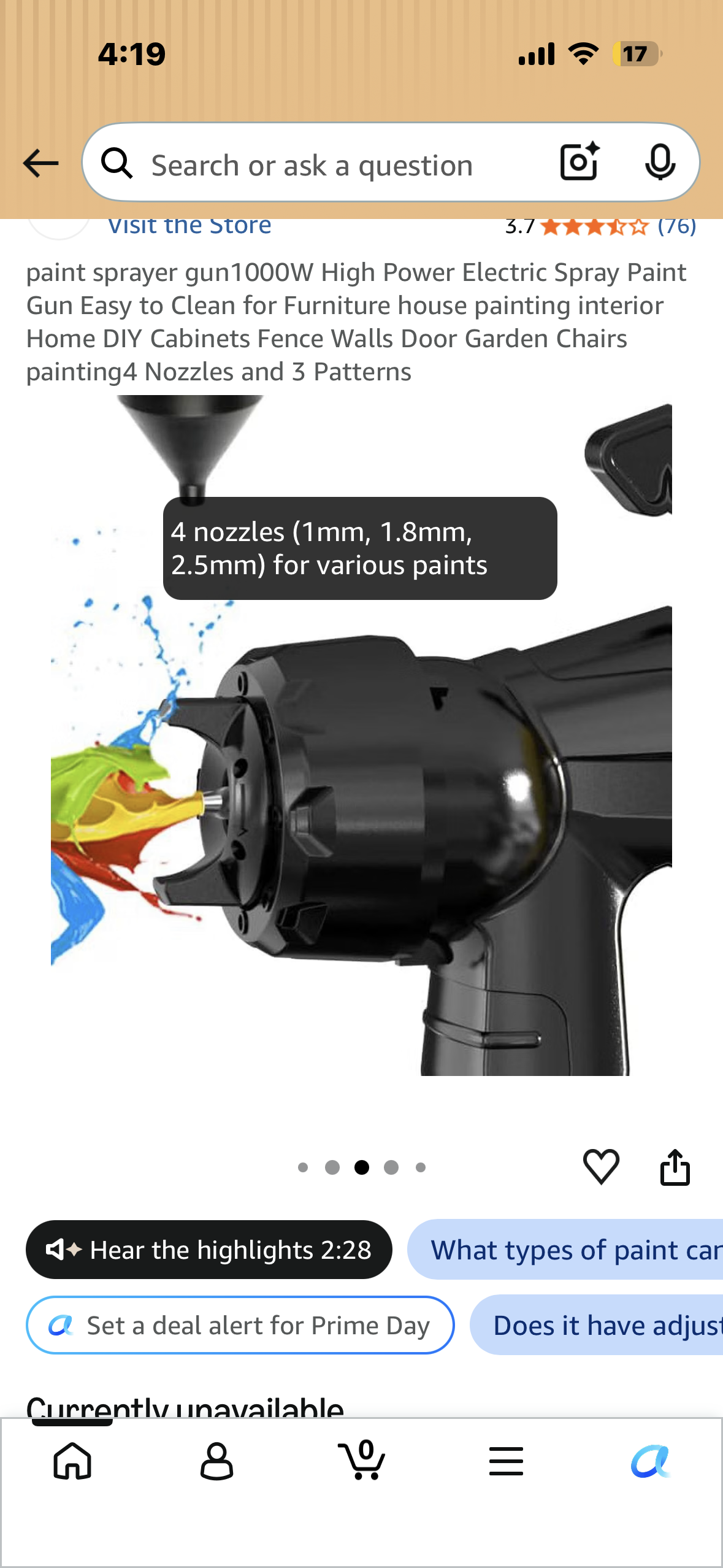 Paint Sprayer, 1000W High Power Electric Spray Gun, Easy to Clean for Furniture, house painting, Home DIY, Cabinets, Fence, Garden Chairs, 4 Nozzles and 3 Patterns
