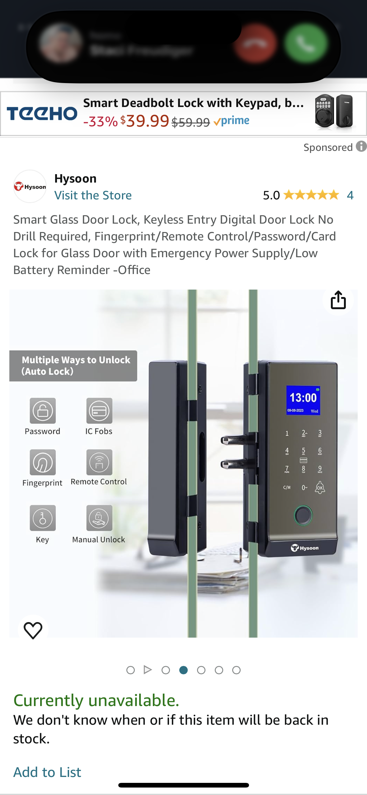 Smart Glass Door Lock, Keyless Entry Digital Door Lock No Drill Required, Fingerprint/Remote Control/Password/Card Lock for Glass Door with Emergency Power Supply/Low Battery Reminder -Office