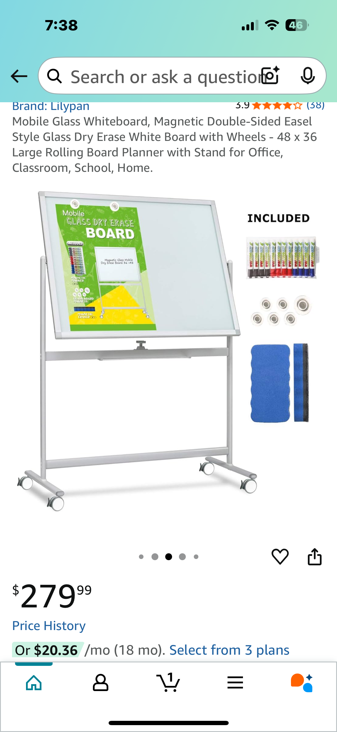 48”x 36” Large Rolling Mobile Glass Whiteboard, Magnetic Double-Sided Easel Style Glass Dry Erase White Board with Wheels, for Office, Classroom, School, Home (O440)
