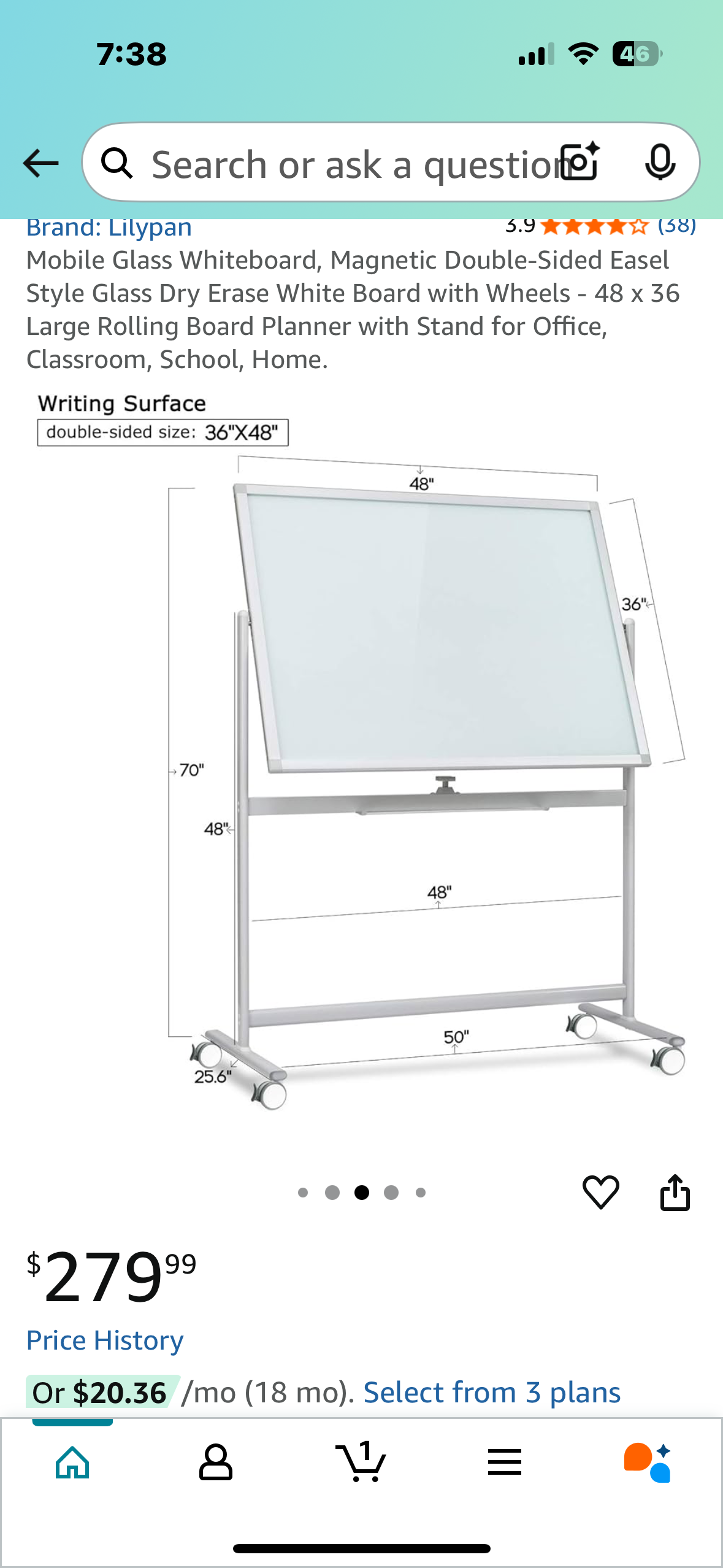 48”x 36” Large Rolling Mobile Glass Whiteboard, Magnetic Double-Sided Easel Style Glass Dry Erase White Board with Wheels, for Office, Classroom, School, Home (O440)