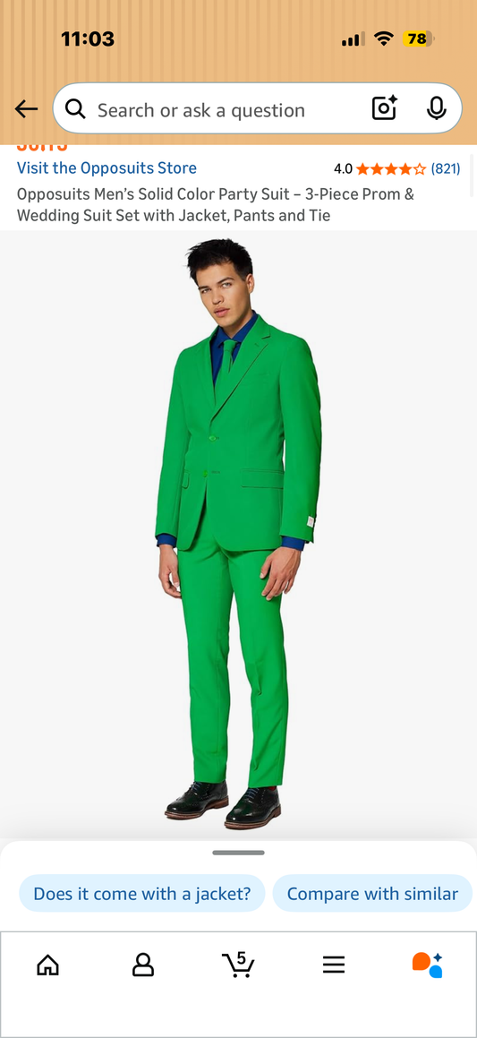 Opposuits Men’s Solid Color Party Suit – 3-Piece Prom & Wedding Suit Set with Jacket, Pants and Tie (Size 44)