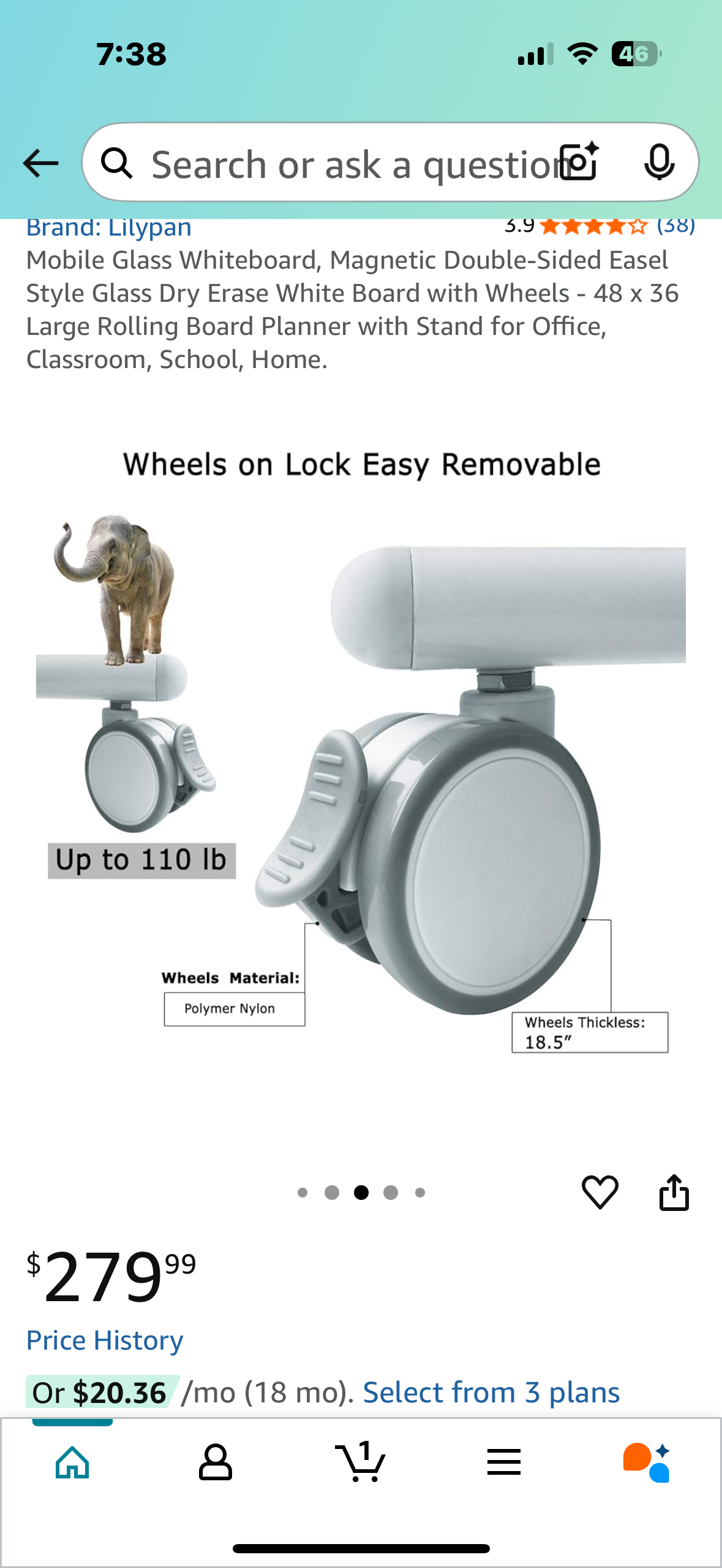 48”x 36” Large Rolling Mobile Glass Whiteboard, Magnetic Double-Sided Easel Style Glass Dry Erase White Board with Wheels, for Office, Classroom, School, Home (O440)