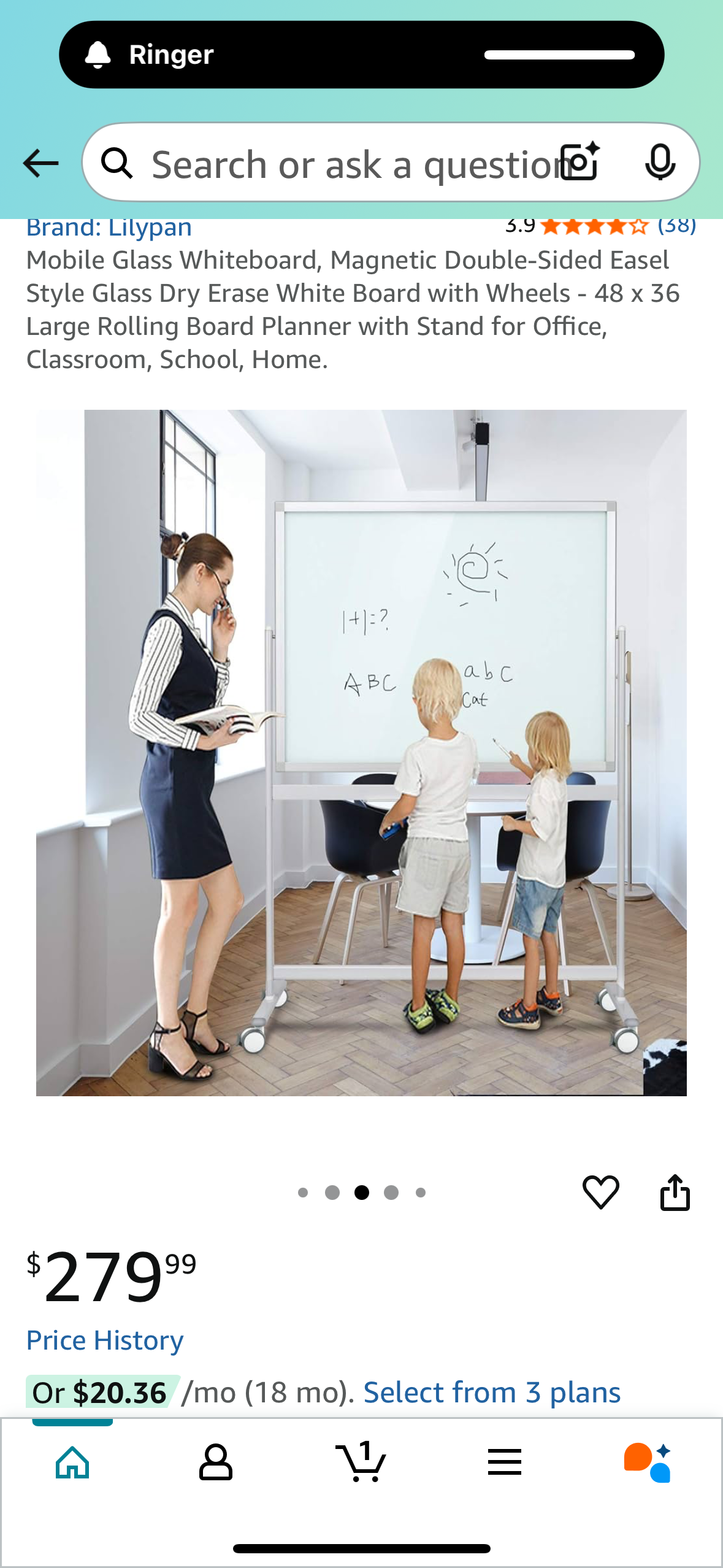 48”x 36” Large Rolling Mobile Glass Whiteboard, Magnetic Double-Sided Easel Style Glass Dry Erase White Board with Wheels, for Office, Classroom, School, Home (O440)