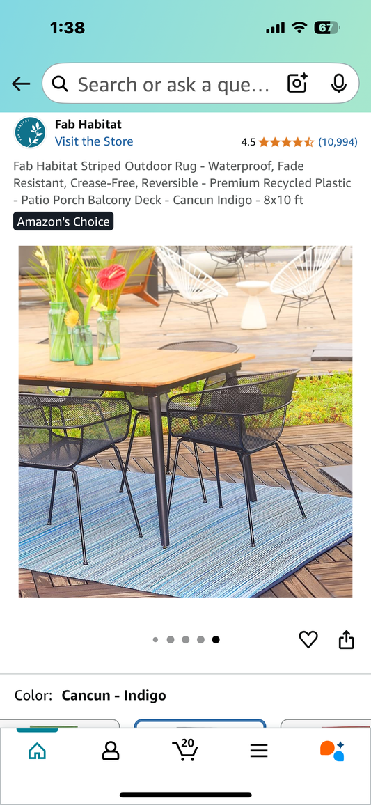 New - Fab Habitat Striped Outdoor Rug 8’x10’ Waterproof, Fade Resistant, Crease-Free, Reversible - Premium Recycled Plastic-Cancun Indigo (L880)