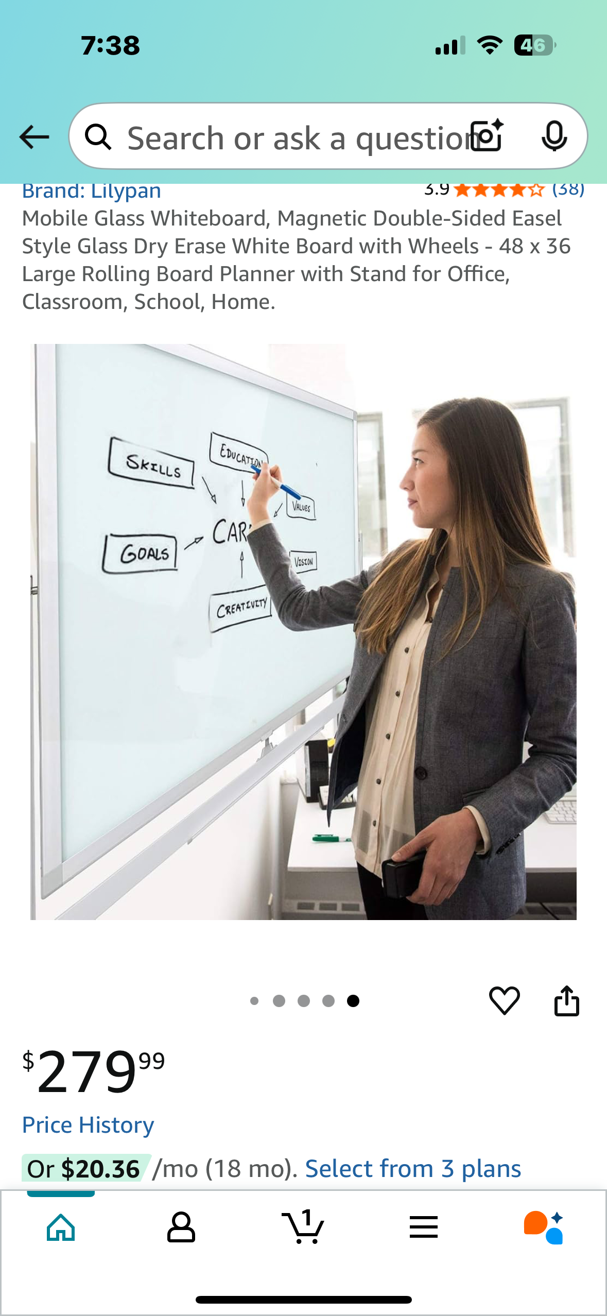 48”x 36” Large Rolling Mobile Glass Whiteboard, Magnetic Double-Sided Easel Style Glass Dry Erase White Board with Wheels, for Office, Classroom, School, Home (O440)
