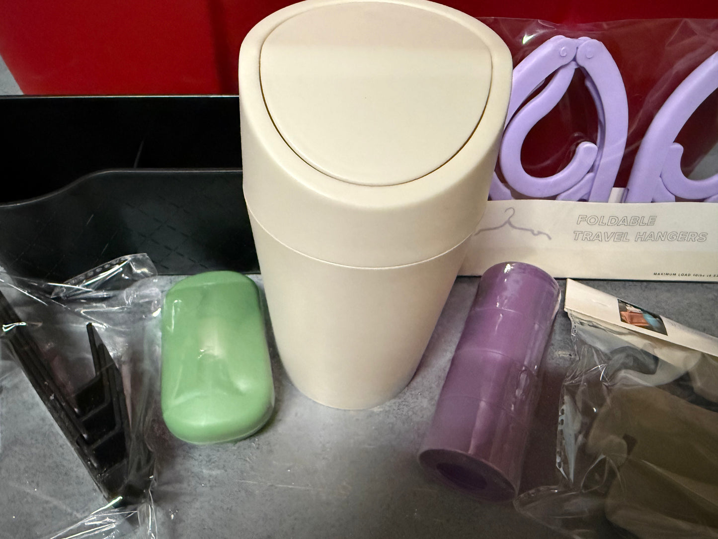 Car Travels Essentials Kit - Back Seat Organizer, trash can, travel coat hanger, travel hooks, mini organizers for Jewelry, Pills Organizer