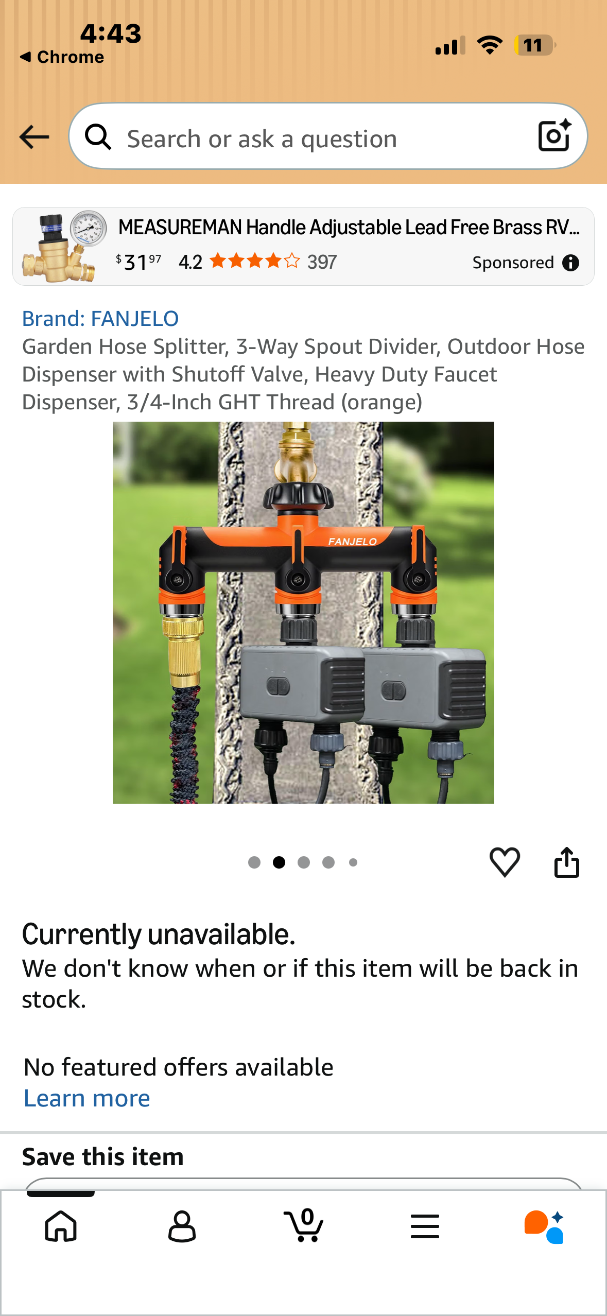 Garden Hose Splitter, 3-Way Spout Divider, Outdoor Hose Dispenser with Shutoff Valve, Heavy Duty Faucet Dispenser, 3/4-Inch GHT Thread (orange)