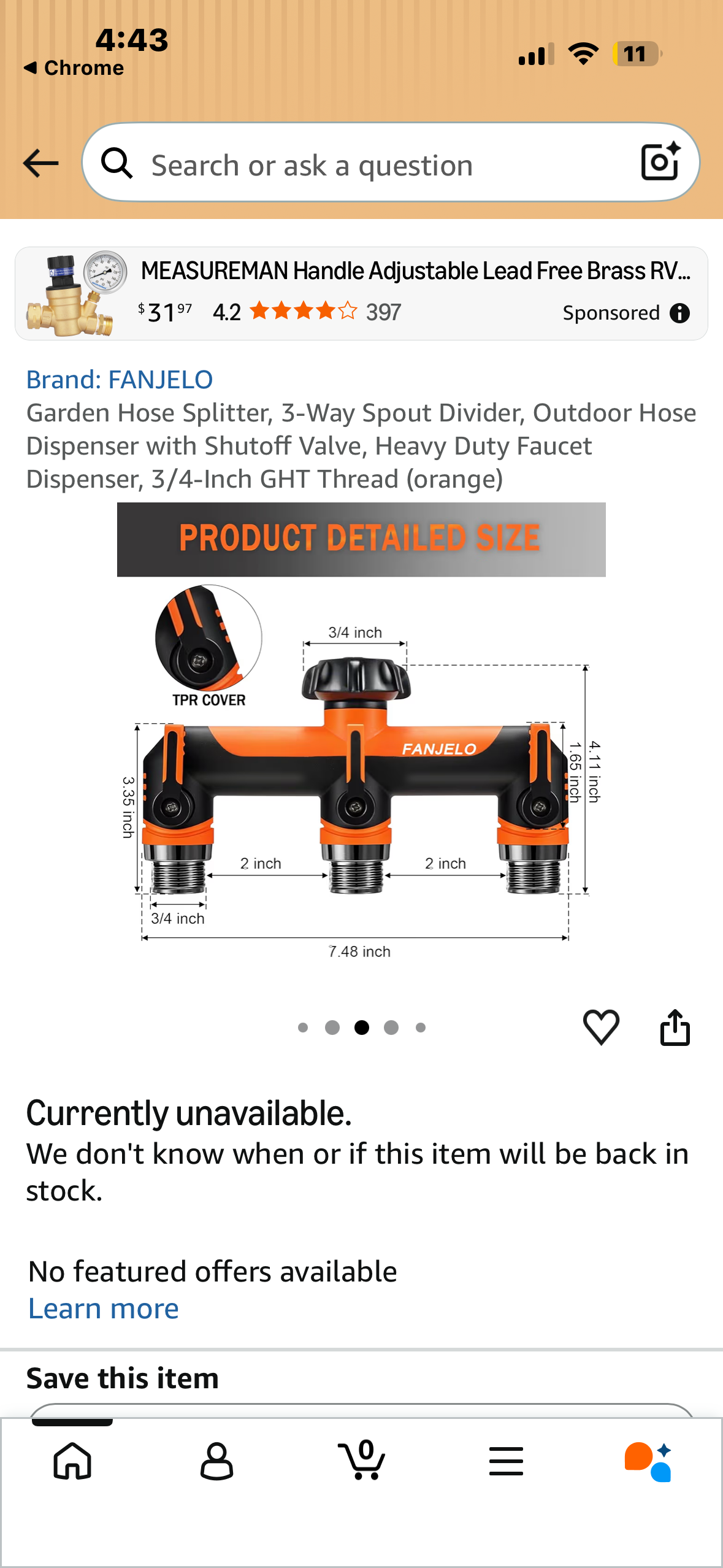 Garden Hose Splitter, 3-Way Spout Divider, Outdoor Hose Dispenser with Shutoff Valve, Heavy Duty Faucet Dispenser, 3/4-Inch GHT Thread (orange)