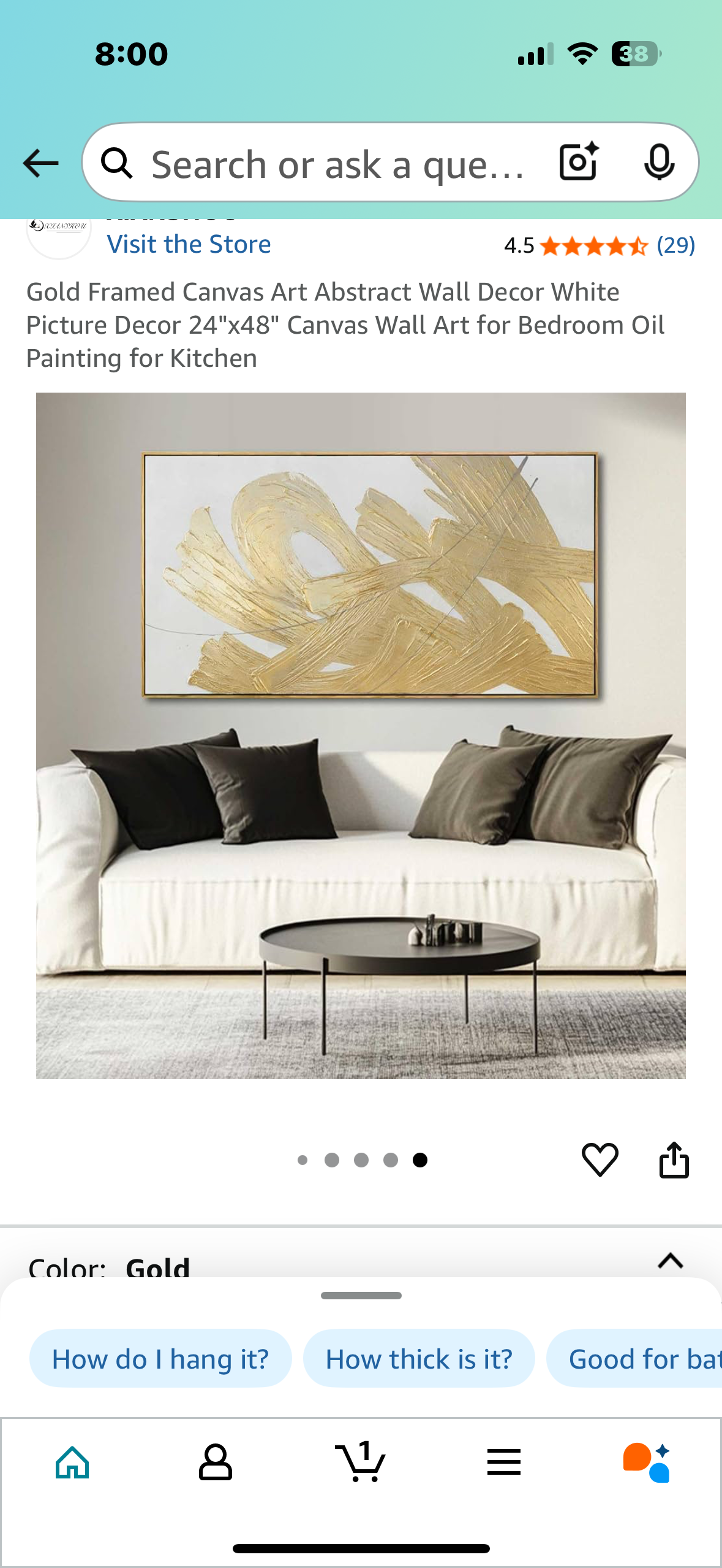 Gold Framed Canvas Art Abstract Wall Decor White Picture Decor 24"x48" Canvas Wall Art for Bedroom Oil Painting for Kitchen (L987)