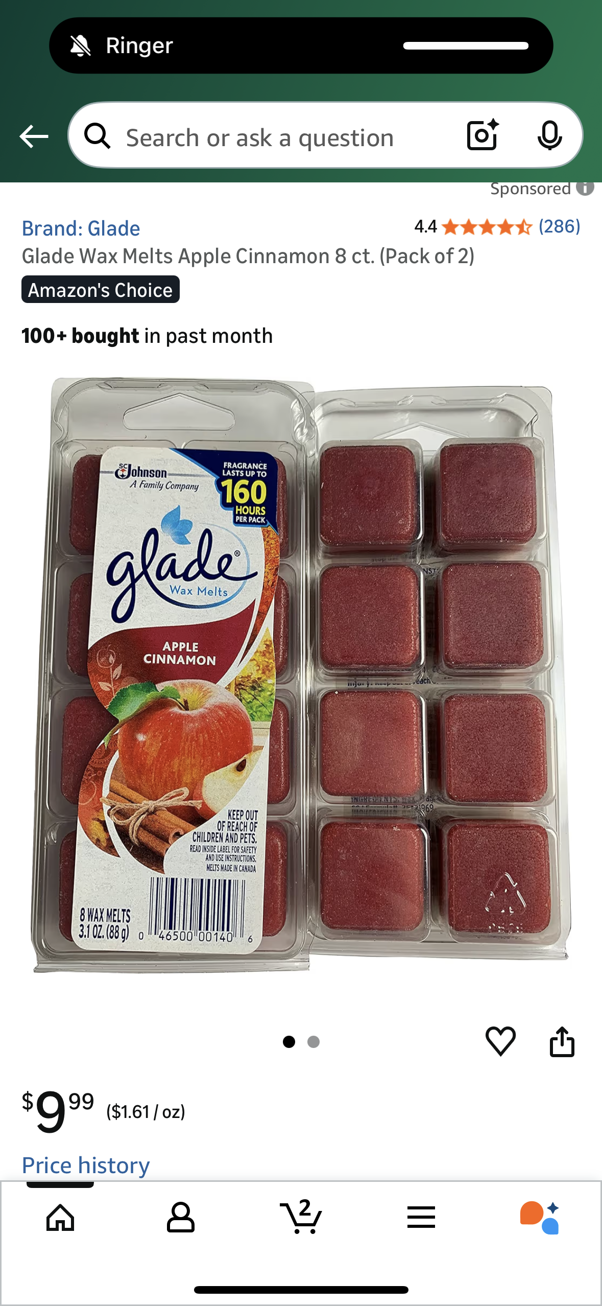 Glade Wax Melts Apple Cinnamon 8 ct. (Pack of 2)