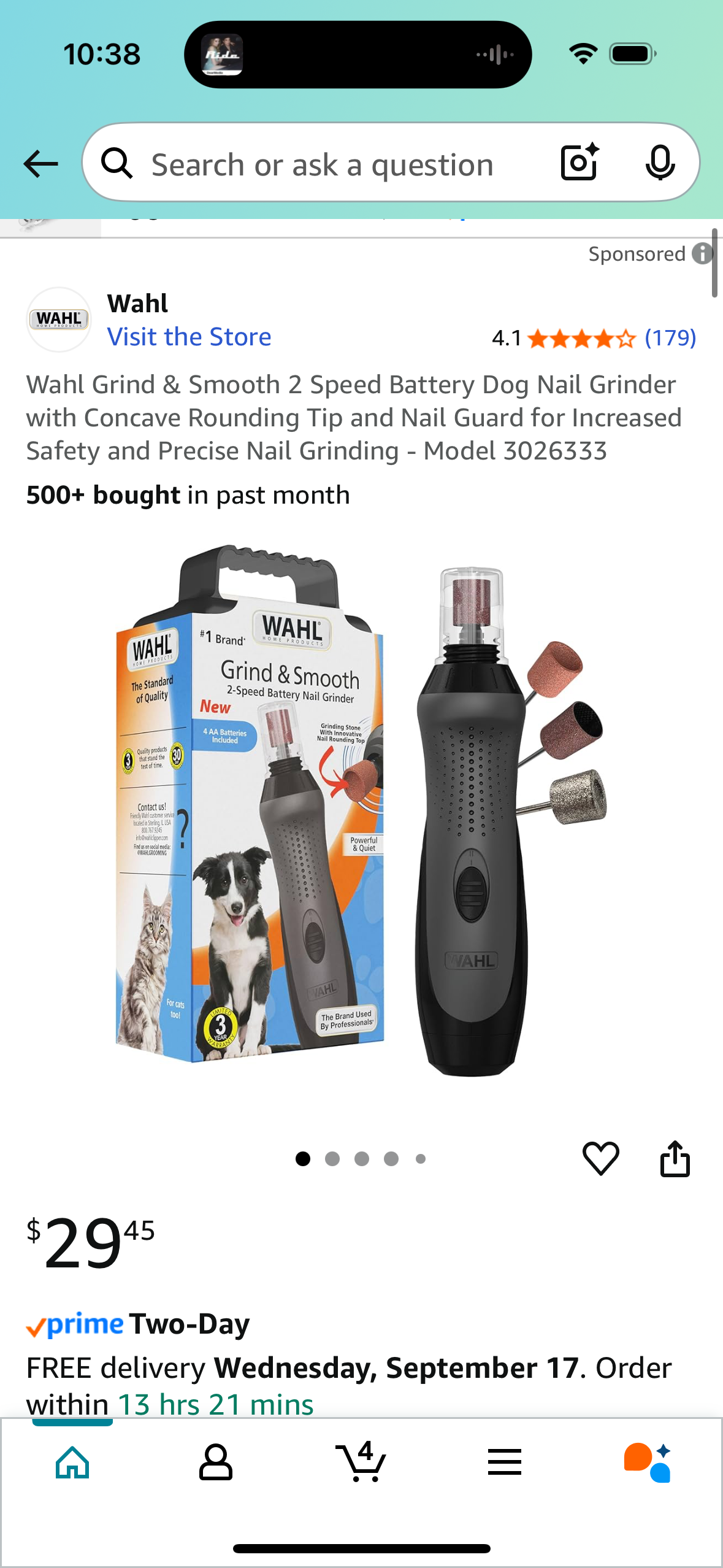 Wahl Grind & Smooth 2 Speed Battery Dog Nail Grinder with Concave Rounding Tip and Nail Guard for Increased Safety and Precise Nail Grinding - Model 3026333
