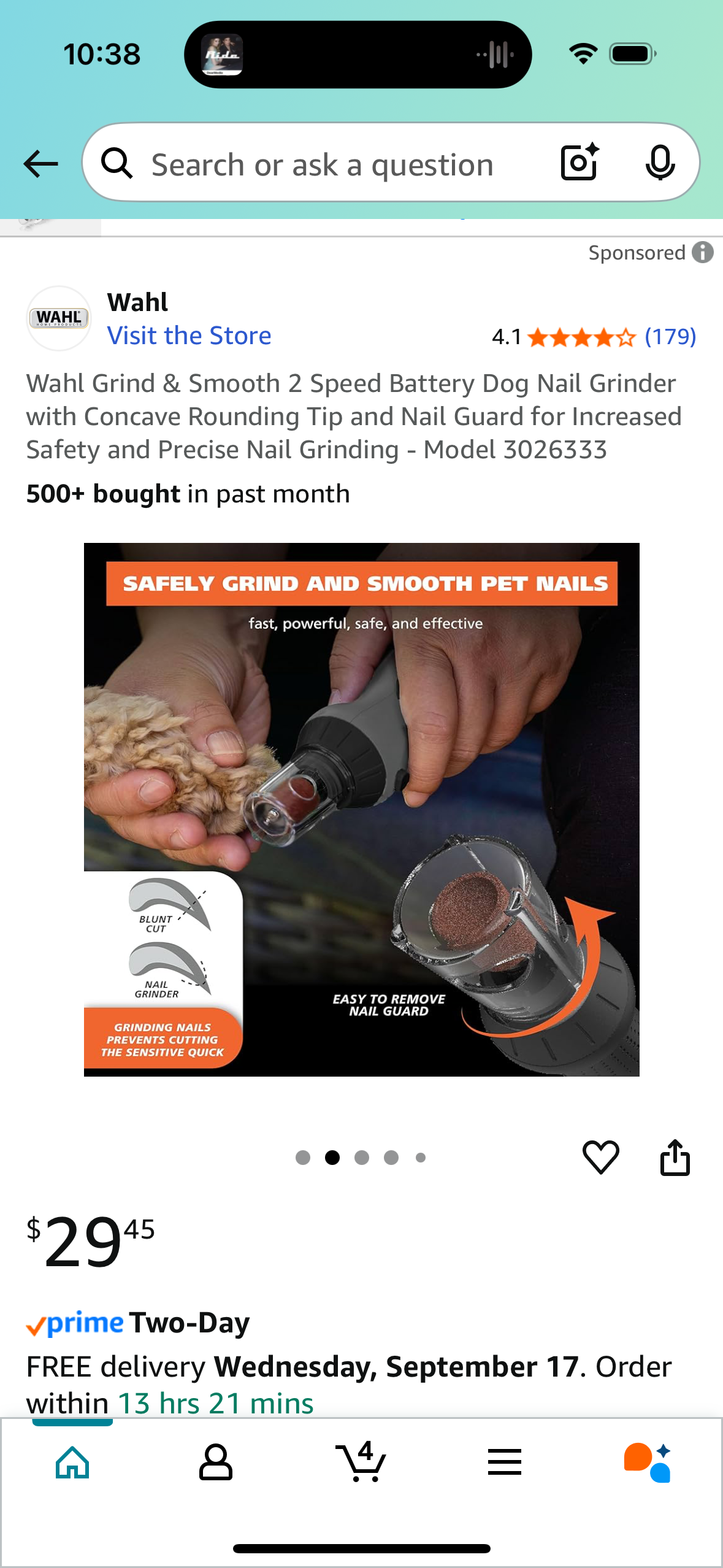 Wahl Grind & Smooth 2 Speed Battery Dog Nail Grinder with Concave Rounding Tip and Nail Guard for Increased Safety and Precise Nail Grinding - Model 3026333