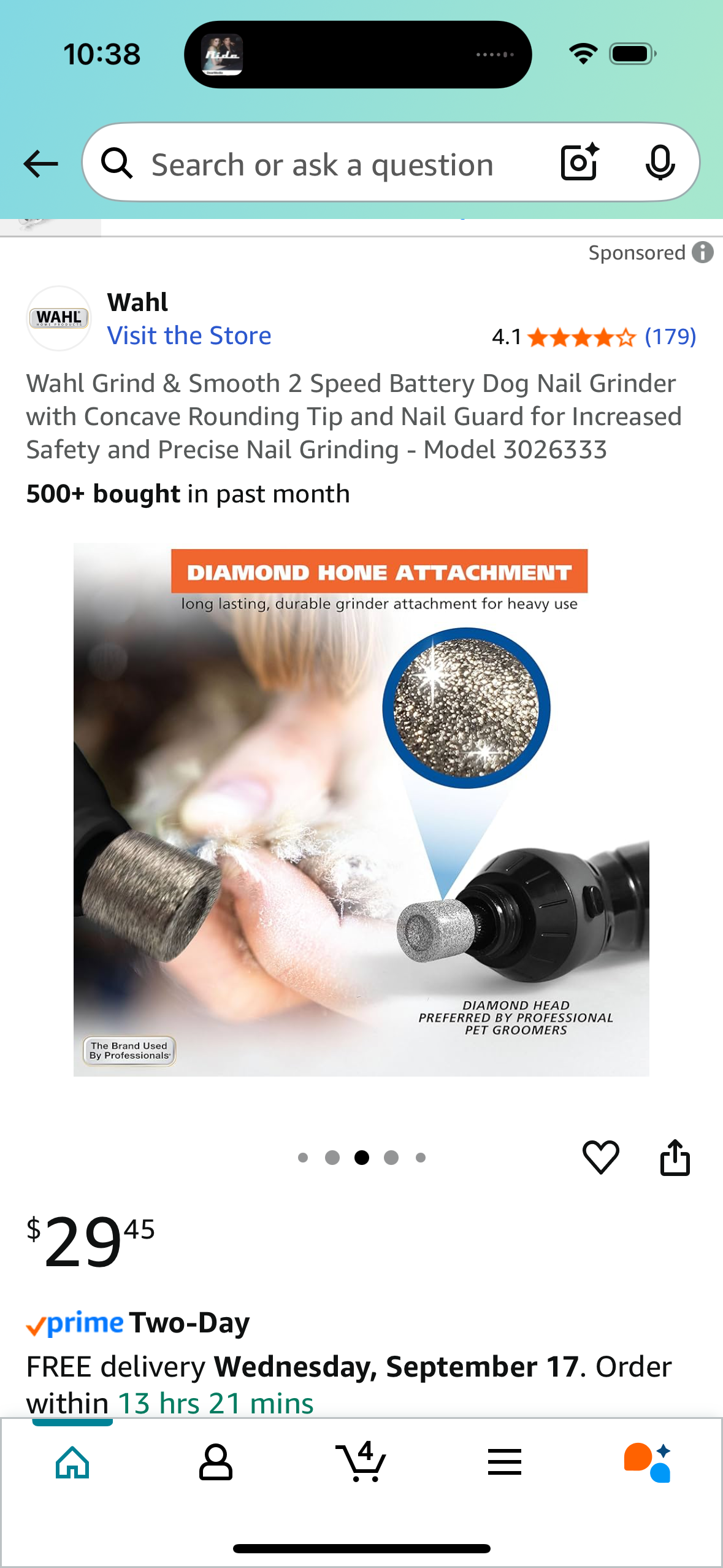 Wahl Grind & Smooth 2 Speed Battery Dog Nail Grinder with Concave Rounding Tip and Nail Guard for Increased Safety and Precise Nail Grinding - Model 3026333