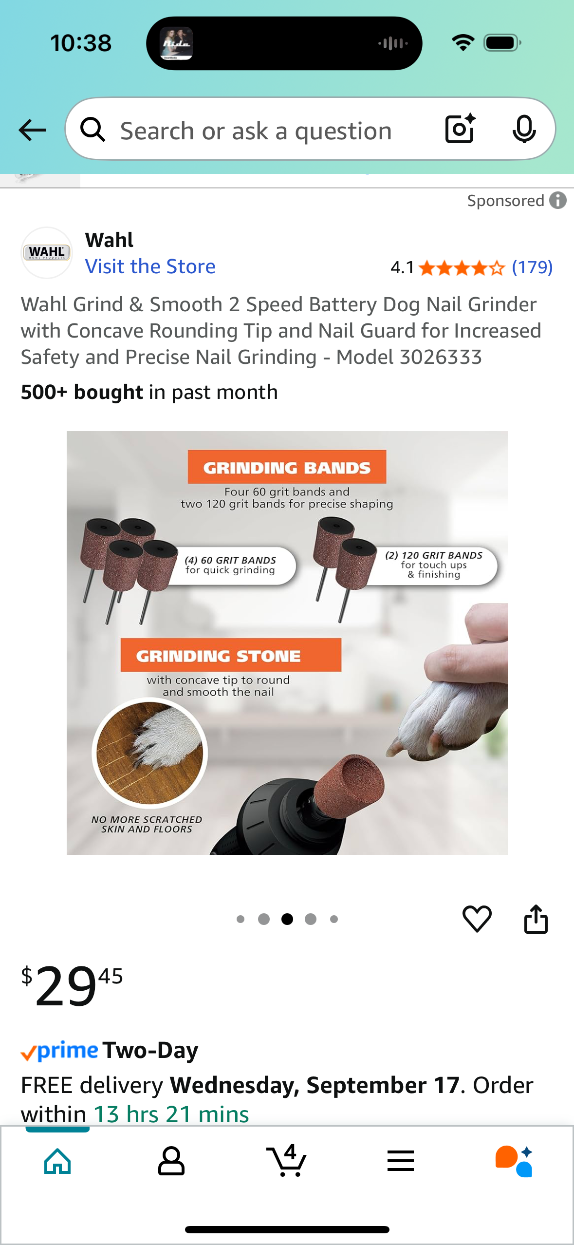 Wahl Grind & Smooth 2 Speed Battery Dog Nail Grinder with Concave Rounding Tip and Nail Guard for Increased Safety and Precise Nail Grinding - Model 3026333